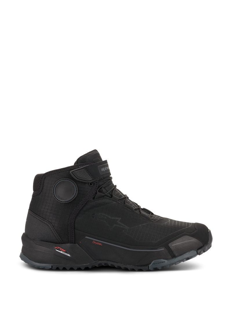 Alpinestars CR-X Drystar® Riding Shoes, mc-skor, svarta, sidoprofil, smidig sneaker-inspirerad design med en robust yttersula, med Drystar-märkning och skyddande ankelskivor