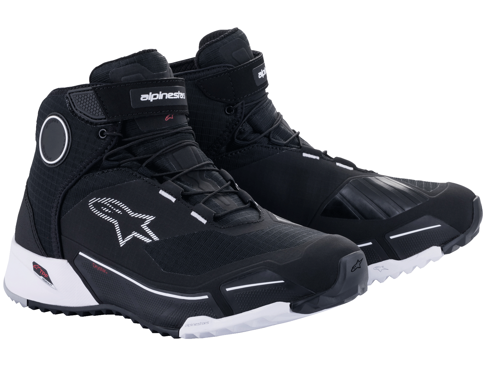 Alpinestars CR-X Drystar Riding Shoes in Black and White, athletic-style waterproof motorcycle shoes featuring a white outsole, black textile upper with white logo accents, and protective ankle discs.