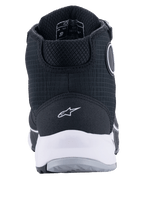 Alpinestars CR-X Drystar® Riding Shoes, Black and White, rear view showing white midsole and heel logo, textured textile upper with protective high-top construction, designed for waterproof motorcycle riding and walking comfort
