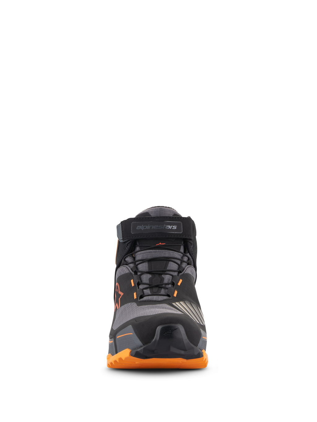 Alpinestars CR-X Drystar® mc-skor, vy framifrån, svarta, ljusbruna och orangea, med säkert snörningssystem och vristrem, skyddande tåhätta och en robust orange sula, vattentäta mc-skor för urban miljö
