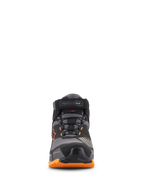Alpinestars CR-X Drystar® mc-skor, vy framifrån, svarta, ljusbruna och orangea, med säkert snörningssystem och vristrem, skyddande tåhätta och en robust orange sula, vattentäta mc-skor för urban miljö