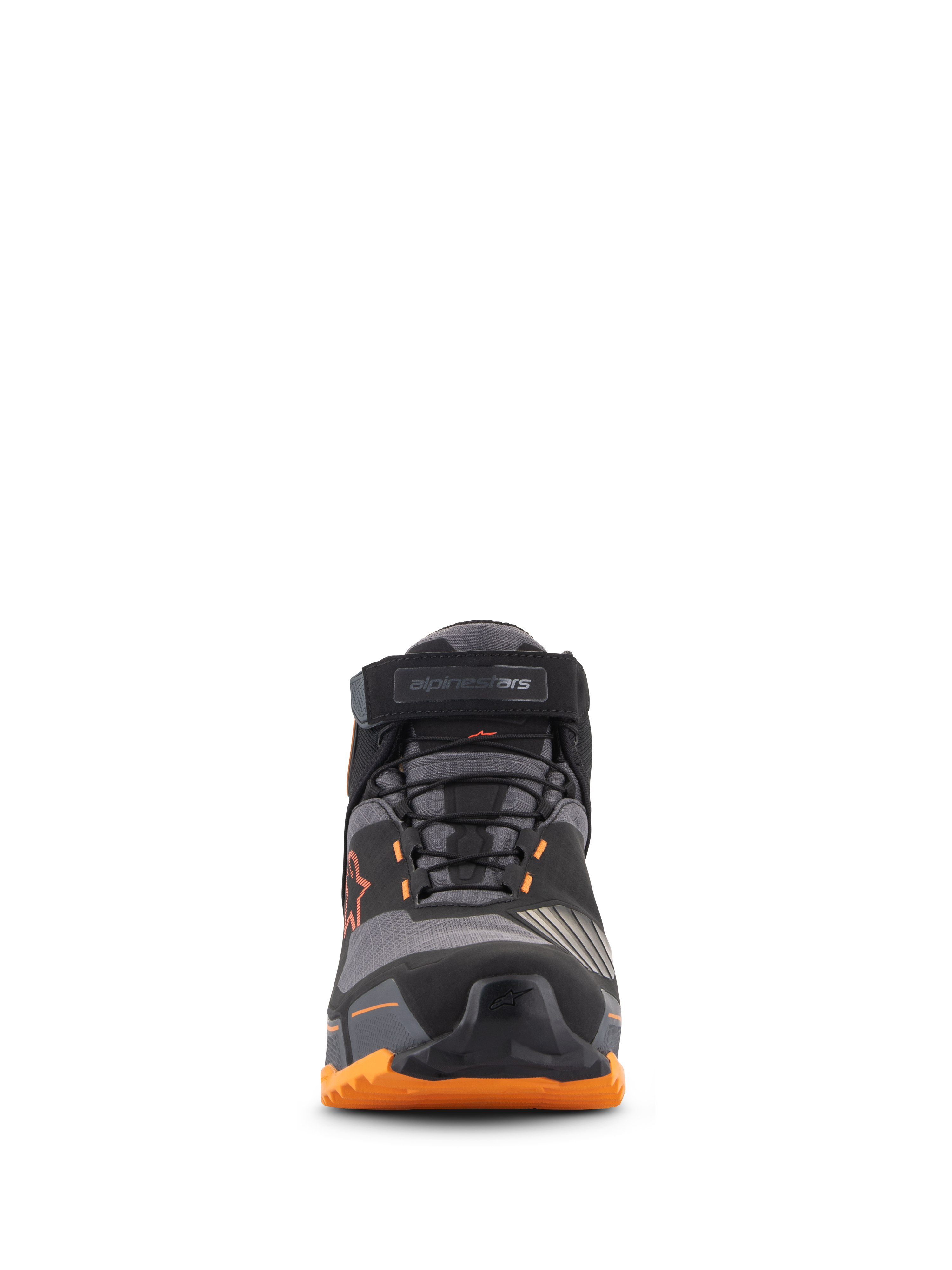 Alpinestars CR-X Drystar® mc-skor, vy framifrån, svarta, ljusbruna och orangea, med säkert snörningssystem och vristrem, skyddande tåhätta och en robust orange sula, vattentäta mc-skor för urban miljö
