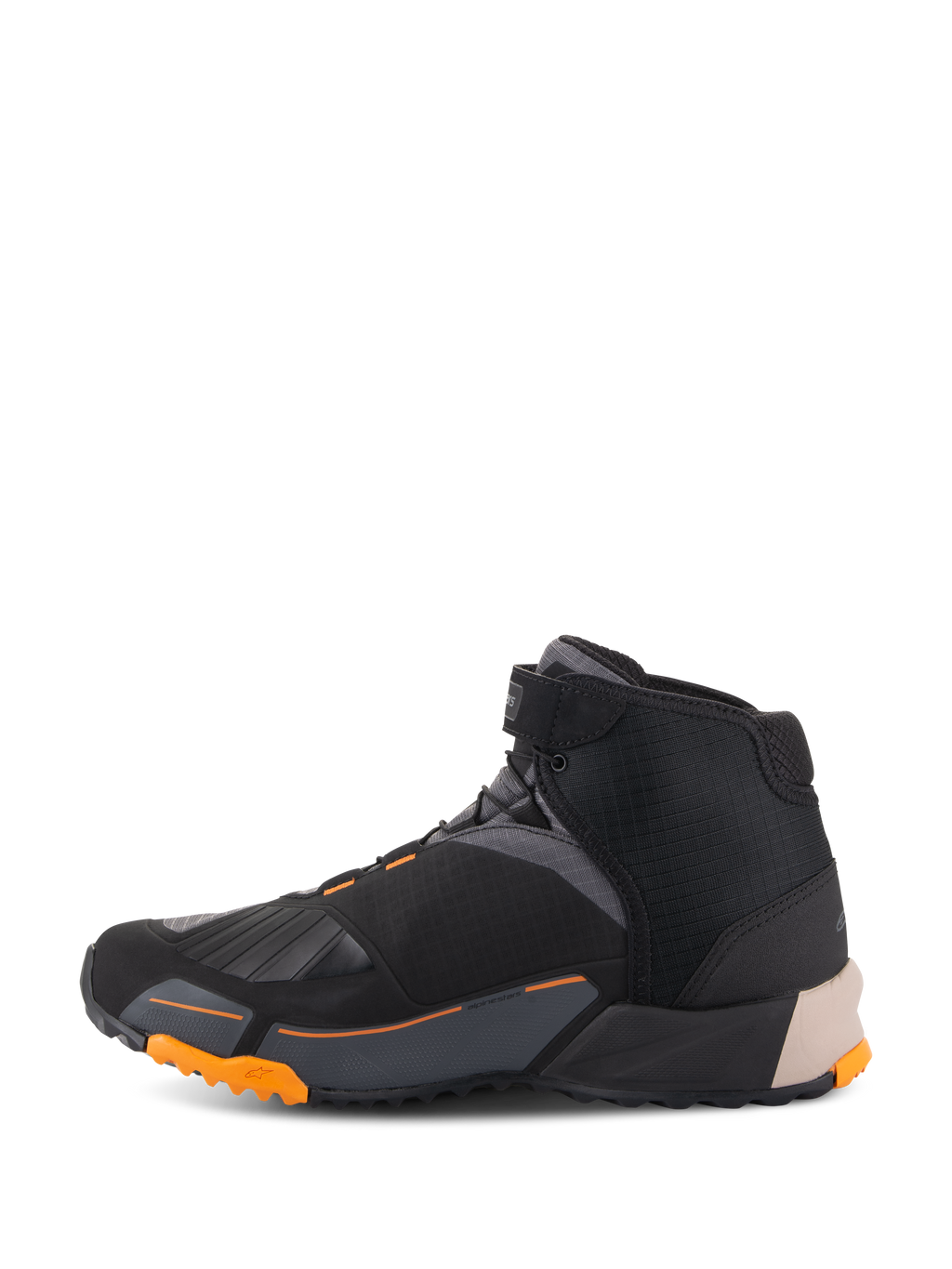 Alpinestars CR-X Drystar® motorskor i svart, ljusbrun och orange, profilvy, löparskoinspirerad design med en robust orange sula, vattentäta och ventilerande motorskor för väg- och stadskörning