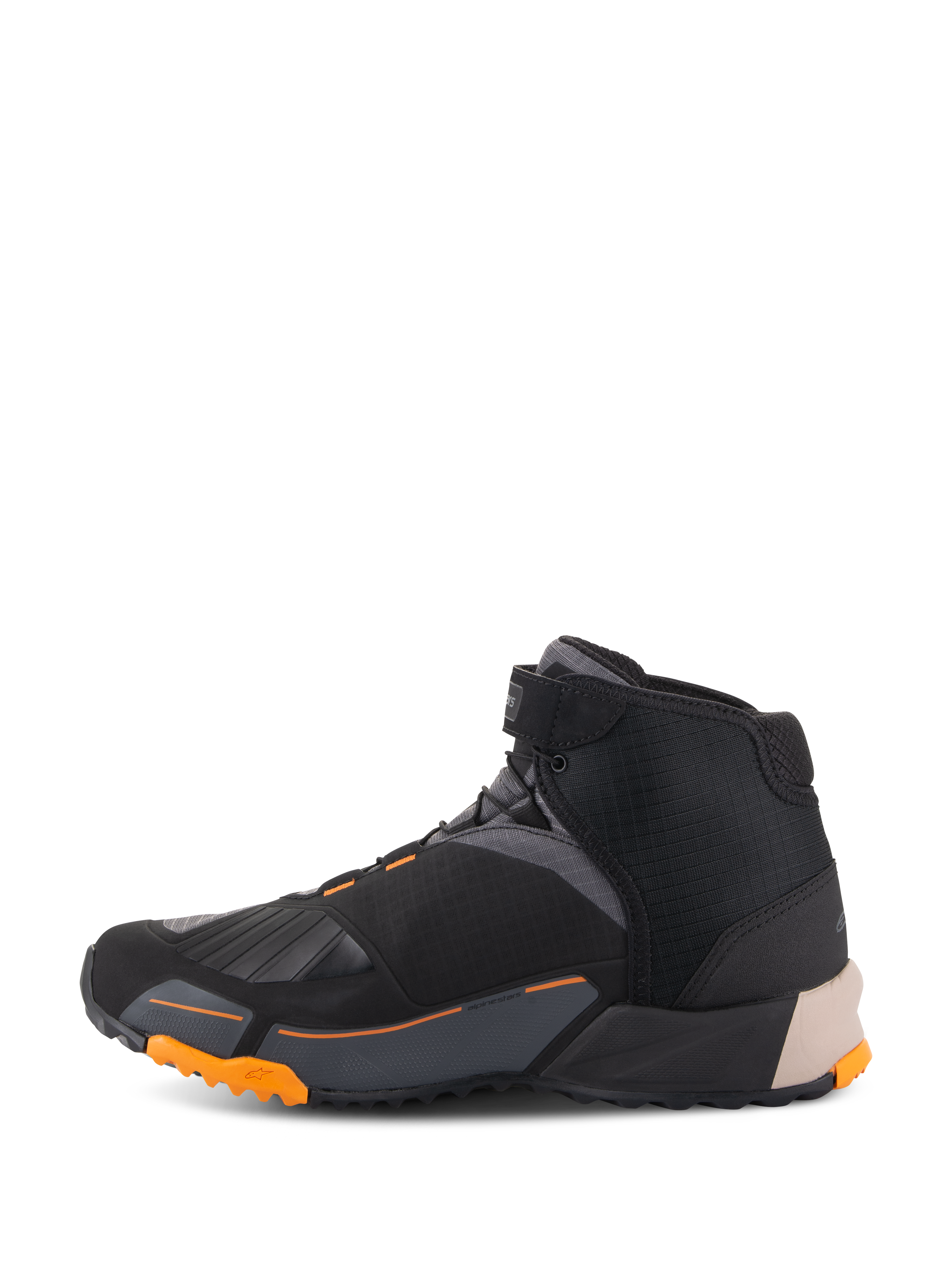 Alpinestars CR-X Drystar® motorskor i svart, ljusbrun och orange, profilvy, löparskoinspirerad design med en robust orange sula, vattentäta och ventilerande motorskor för väg- och stadskörning