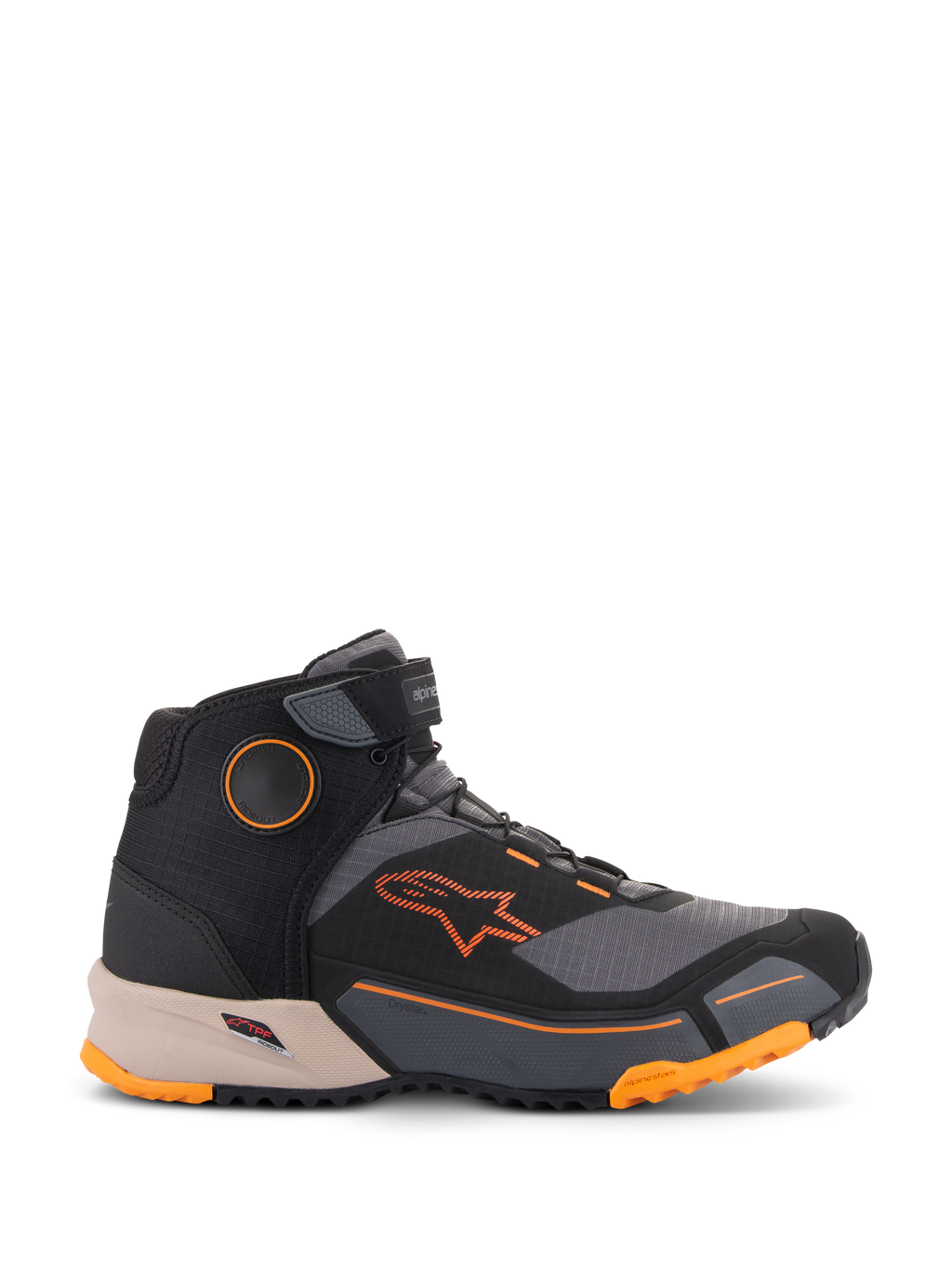 Alpinestars CR-X Drystar® ridingskor, urbana motorcykelskor, svarta, grå och orange med ljusbrun mellansula, hög design med kardborreband vid ankeln, klarorange logotyp och robust sula med orangea detaljer