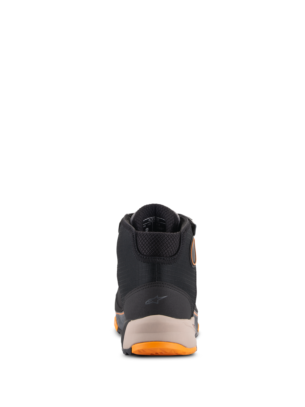 Alpinestars CR-X Drystar® mc-skor, motorcykelskor, svarta, ljusbruna och orangea, vy bakifrån som visar den förstärkta hälen med en liten Alpinestars-logotyp, vadderad krage och orangea detaljer på sulan, vattentäta mc-skor