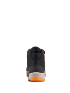 Alpinestars CR-X Drystar® mc-skor, motorcykelskor, svarta, ljusbruna och orangea, vy bakifrån som visar den förstärkta hälen med en liten Alpinestars-logotyp, vadderad krage och orangea detaljer på sulan, vattentäta mc-skor