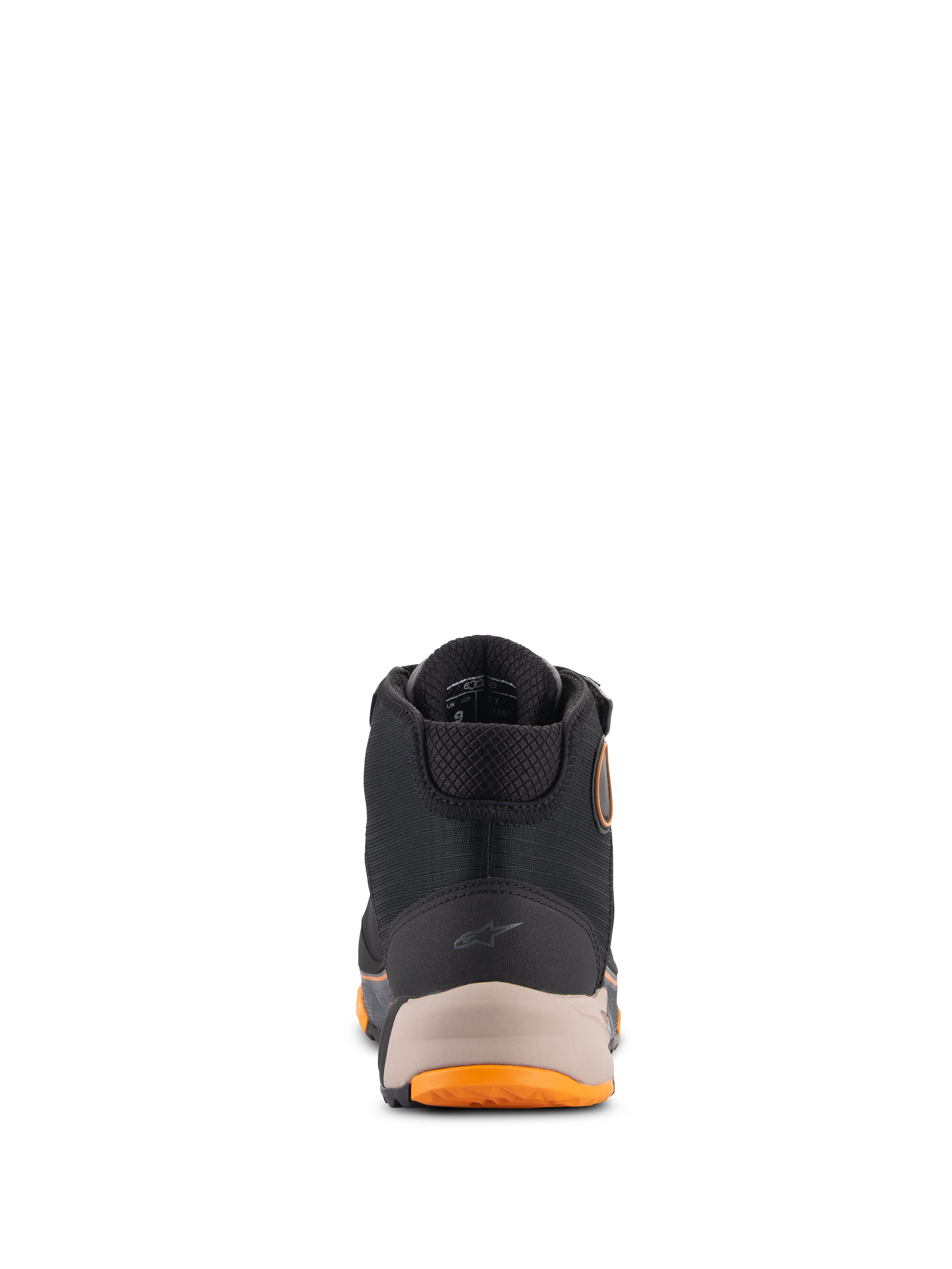 Alpinestars CR-X Drystar® mc-skor, motorcykelskor, svarta, ljusbruna och orangea, vy bakifrån som visar den förstärkta hälen med en liten Alpinestars-logotyp, vadderad krage och orangea detaljer på sulan, vattentäta mc-skor