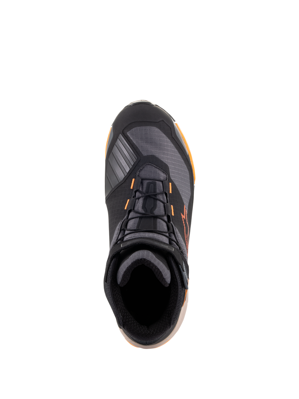 Alpinestars CR-X Drystar® motorskor, vy uppifrån, färgställning i svart, ljusbrunt och orange, mc-skor i sportig stil med svarta skosnören, orangea detaljer och en ljusbrun sula, vattentät skyddsutrustning för väg- och stadskörning.