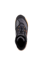 Alpinestars CR-X Drystar® motorskor, vy uppifrån, färgställning i svart, ljusbrunt och orange, mc-skor i sportig stil med svarta skosnören, orangea detaljer och en ljusbrun sula, vattentät skyddsutrustning för väg- och stadskörning.