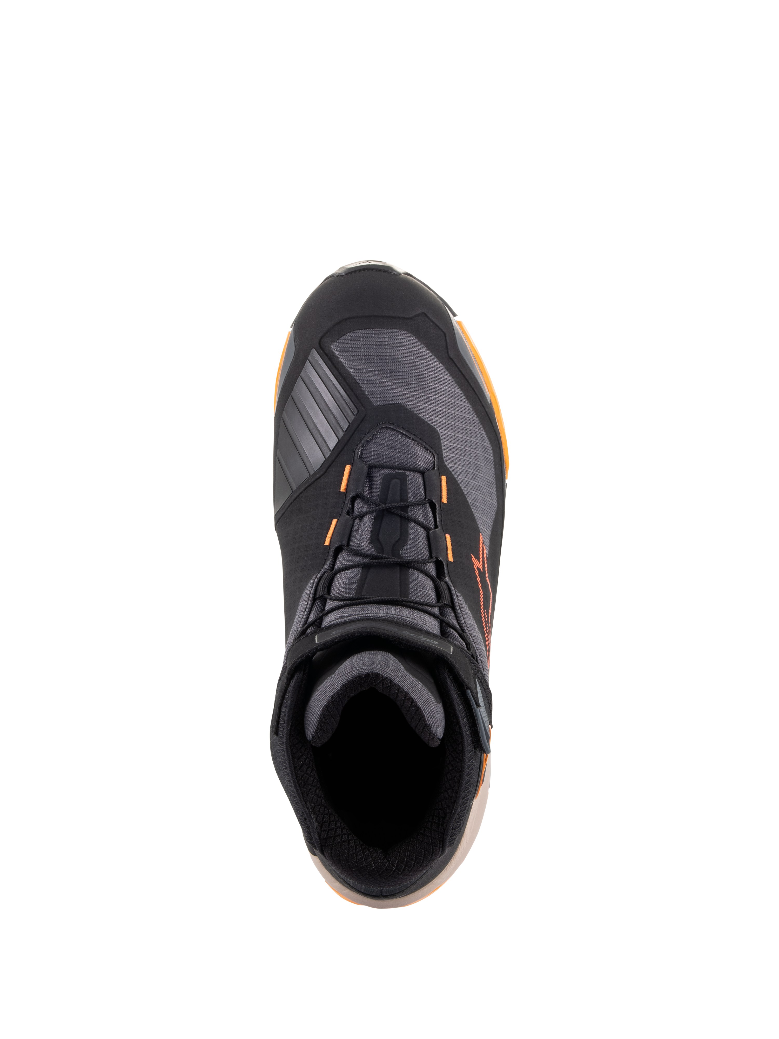 Alpinestars CR-X Drystar® motorskor, vy uppifrån, färgställning i svart, ljusbrunt och orange, mc-skor i sportig stil med svarta skosnören, orangea detaljer och en ljusbrun sula, vattentät skyddsutrustning för väg- och stadskörning.