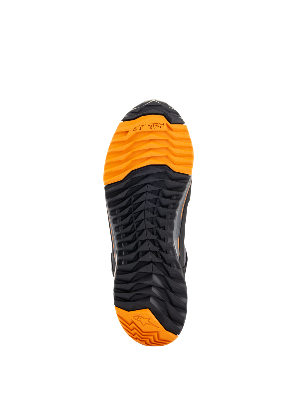 Alpinestars CR-X Drystar® motorskor, vy underifrån av sulan, svart och klarorange mönstring, aggressivt mönster för bra grepp, med TPF- och Alpinestars stjärnlogotyper, designade för motorcykelkörning och gåkomfort