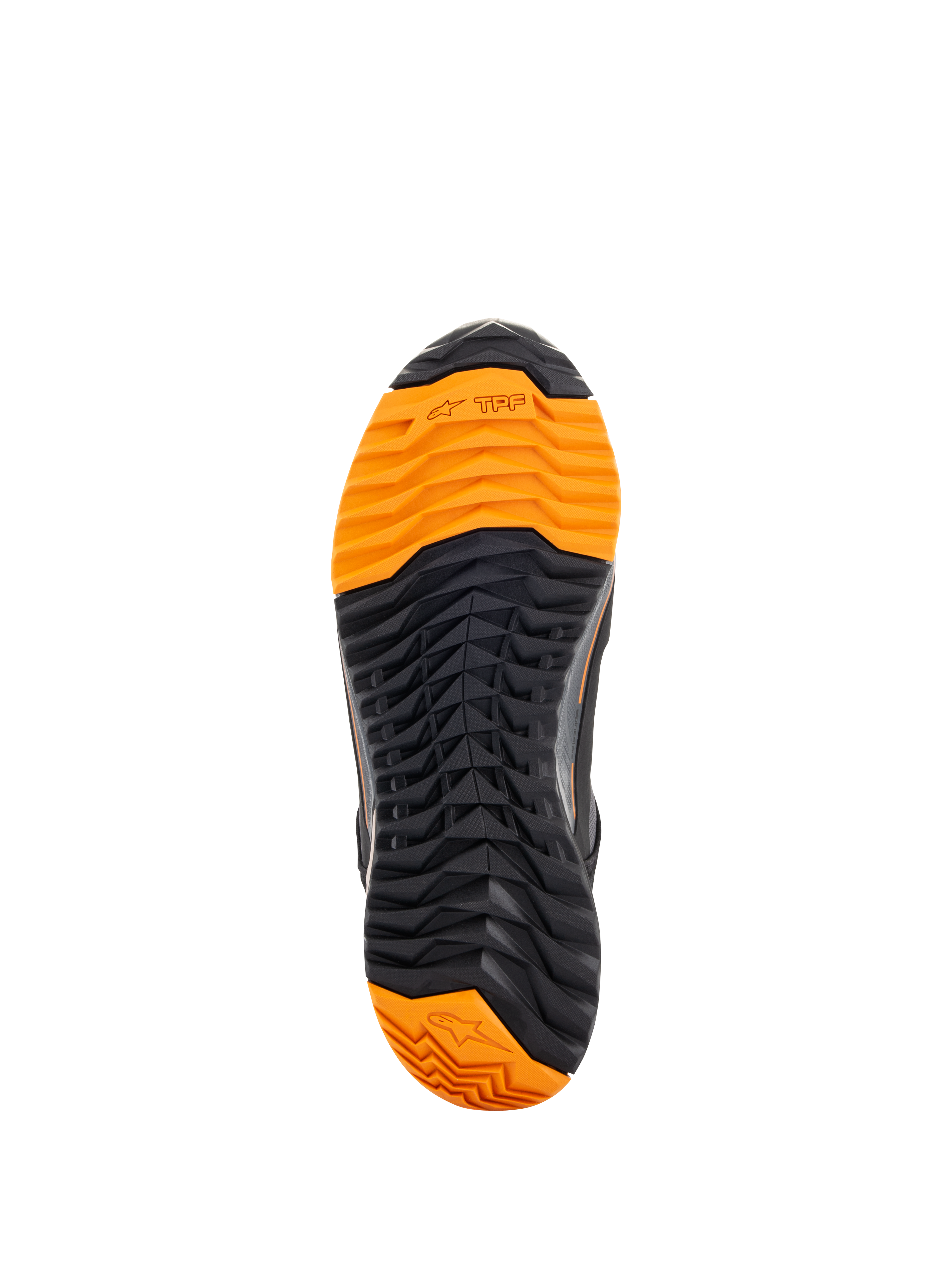 Alpinestars CR-X Drystar® motorskor, vy underifrån av sulan, svart och klarorange mönstring, aggressivt mönster för bra grepp, med TPF- och Alpinestars stjärnlogotyper, designade för motorcykelkörning och gåkomfort