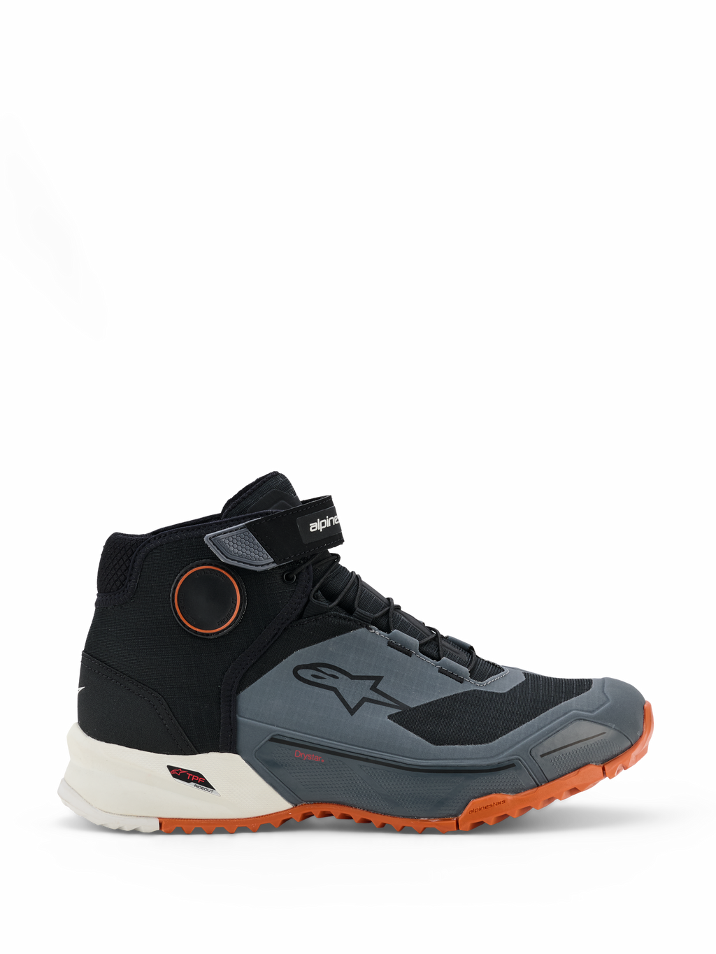 Alpinestars CR-X Drystar motorcykelskor, mc-skor, svarta, mörkgrå och rostfärgade, design med högt skaft och kardborrerem vid vristen, vattentätt Drystar-membran, vit mellansula och en klarorange robust yttersula
