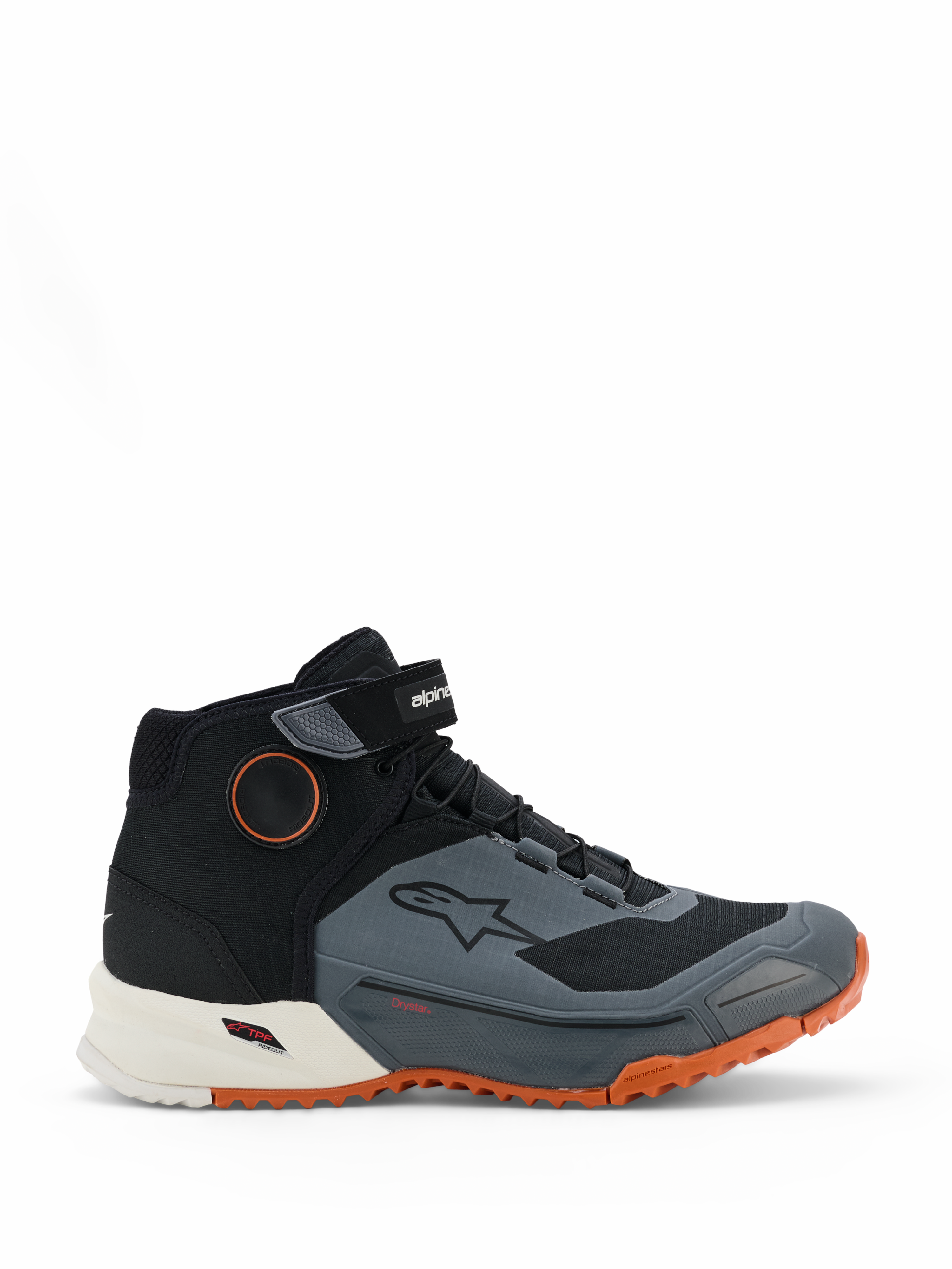 Alpinestars CR-X Drystar motorcykelskor, mc-skor, svarta, mörkgrå och rostfärgade, design med högt skaft och kardborrerem vid vristen, vattentätt Drystar-membran, vit mellansula och en klarorange robust yttersula