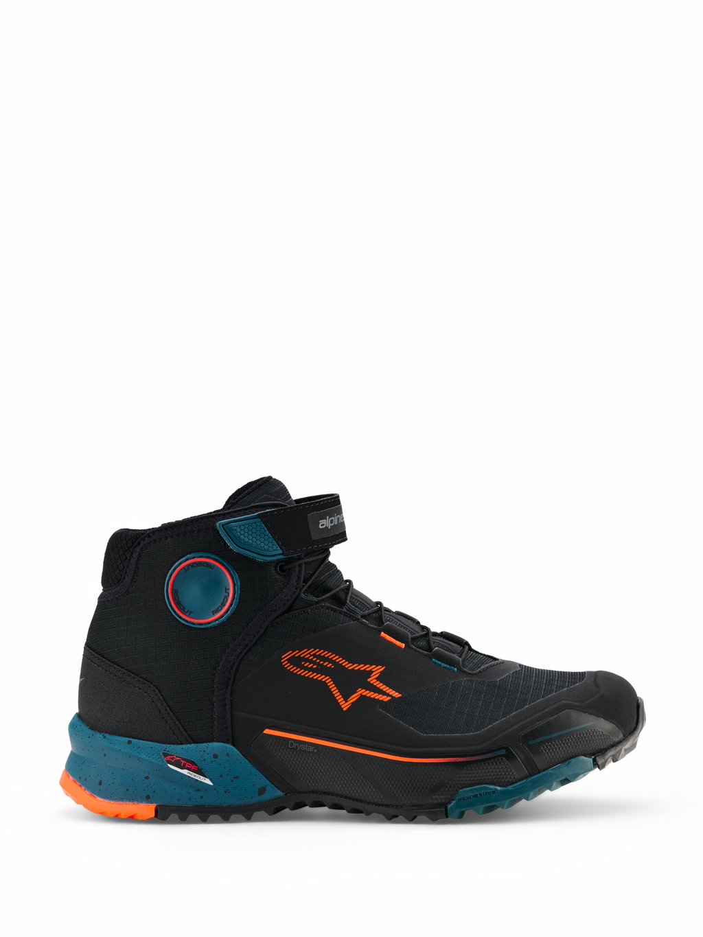 Alpinestars CR-X Drystar ridingskor, urbana motorcykelskor i Black Petrol och Orange Fluo, hög sneaker-liknande design med orange Alpinestars-logotyp, petrolfärgad spräcklig mellansula och robust vattentät konstruktion.
