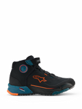 Alpinestars CR-X Drystar ridingskor, urbana motorcykelskor i Black Petrol och Orange Fluo, hög sneaker-liknande design med orange Alpinestars-logotyp, petrolfärgad spräcklig mellansula och robust vattentät konstruktion.