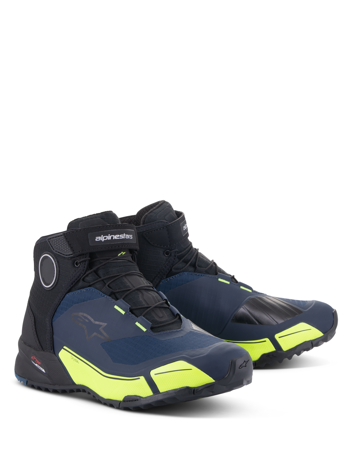 Alpinestars CR-X Drystar® motorcykelskor, svarta, mörkblå och neongula, vattentäta mc-skor med en löparskosilhuett, mid-cut-design med atletisk stil och lysande fluorescerande gula detaljer.