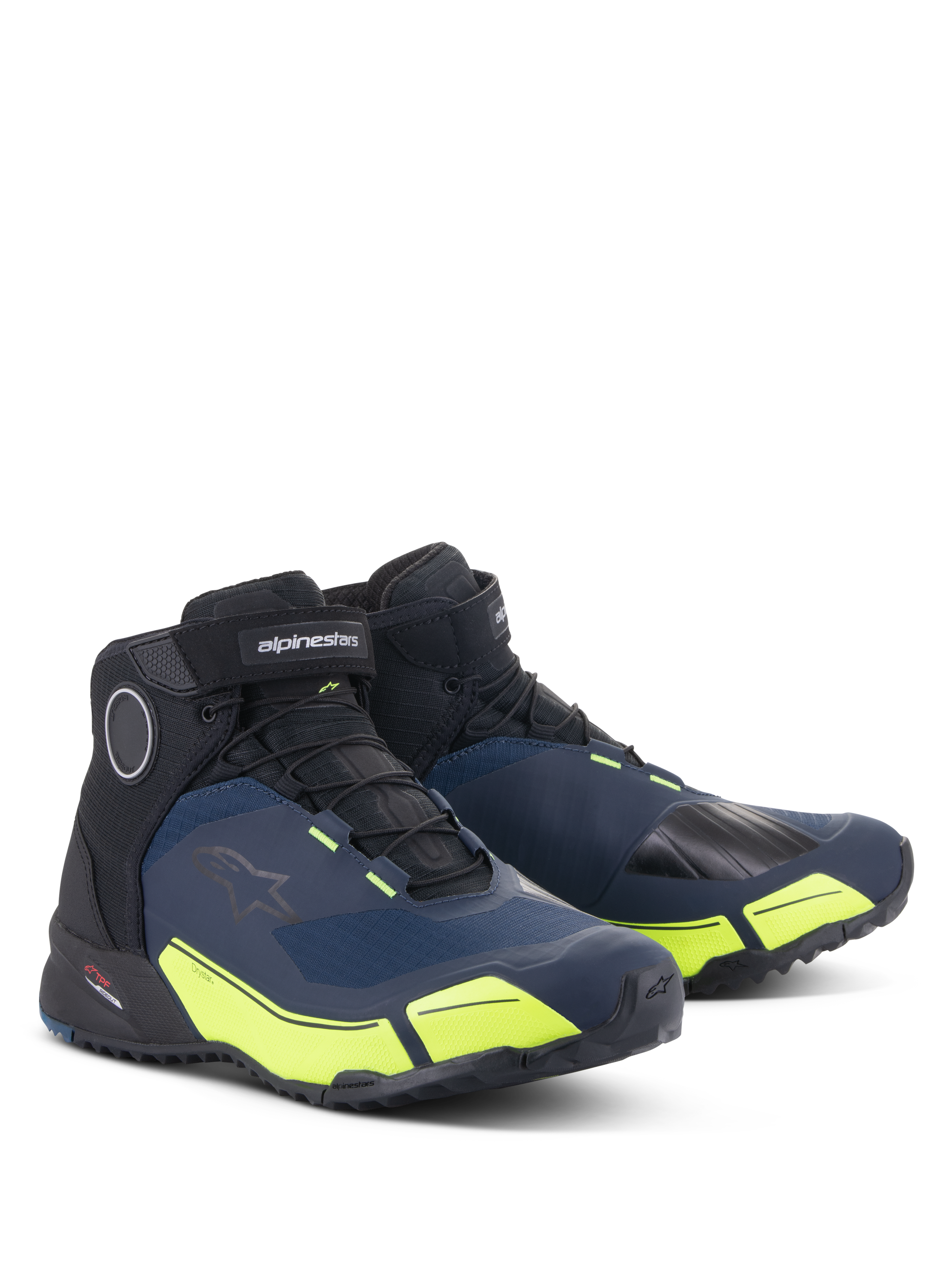 Alpinestars CR-X Drystar® motorcykelskor, svarta, mörkblå och neongula, vattentäta mc-skor med en löparskosilhuett, mid-cut-design med atletisk stil och lysande fluorescerande gula detaljer.