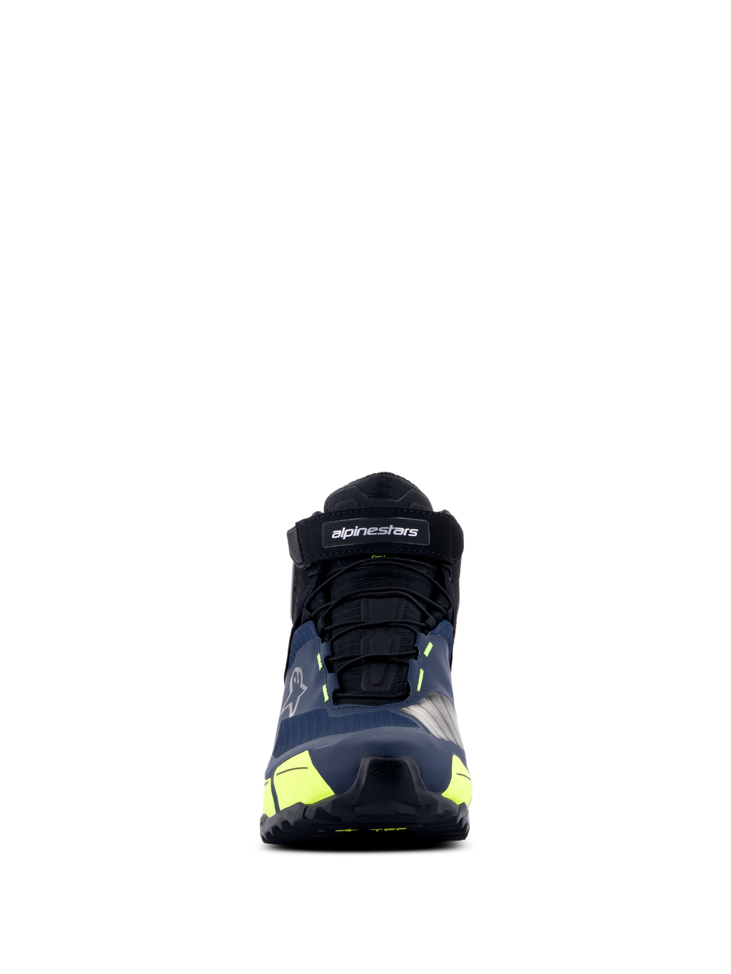 Alpinestars CR-X Drystar® MC-skor, motorcykelskor, svart, mörkblå och gul fluo, vy framifrån, med ett kardborreband med Alpinestars-logotyp, svarta skosnören och livfulla gula detaljer, atletiskt inspirerad design för komfort hela dagen.