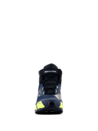 Alpinestars CR-X Drystar® MC-skor, motorcykelskor, svart, mörkblå och gul fluo, vy framifrån, med ett kardborreband med Alpinestars-logotyp, svarta skosnören och livfulla gula detaljer, atletiskt inspirerad design för komfort hela dagen.