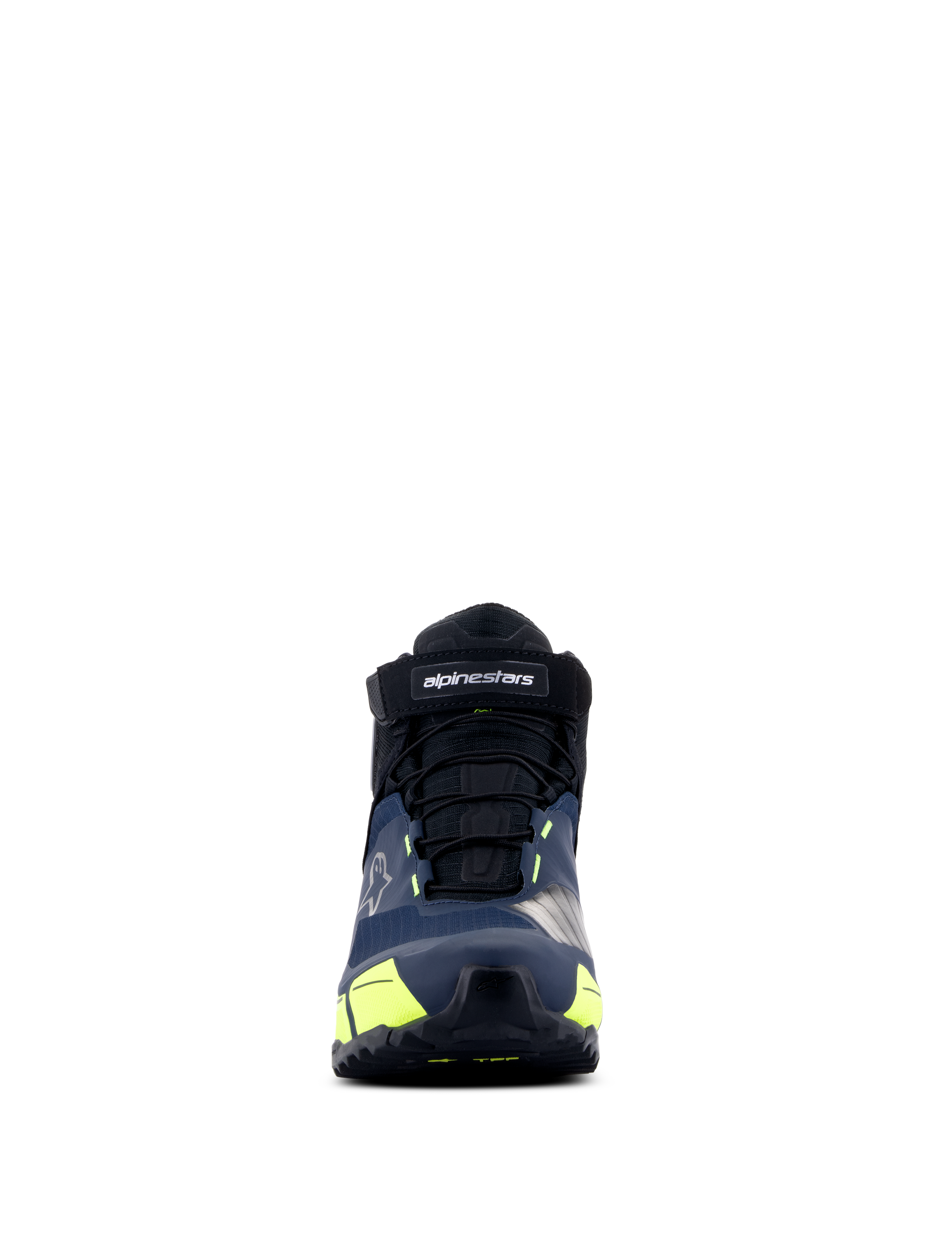 Alpinestars CR-X Drystar® MC-skor, motorcykelskor, svart, mörkblå och gul fluo, vy framifrån, med ett kardborreband med Alpinestars-logotyp, svarta skosnören och livfulla gula detaljer, atletiskt inspirerad design för komfort hela dagen.