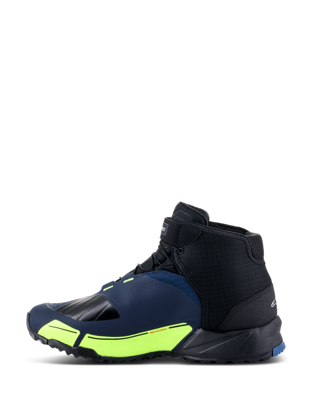 Alpinestars CR-X Drystar® motorcykelskor, körskor, svarta, mörkblå och neongula, sidoprofil med en löparskossilhuett, vattentätt Drystar®-membran, fluorescerande gula accenter på mellansulan, förstärkt tå och häl för skydd.