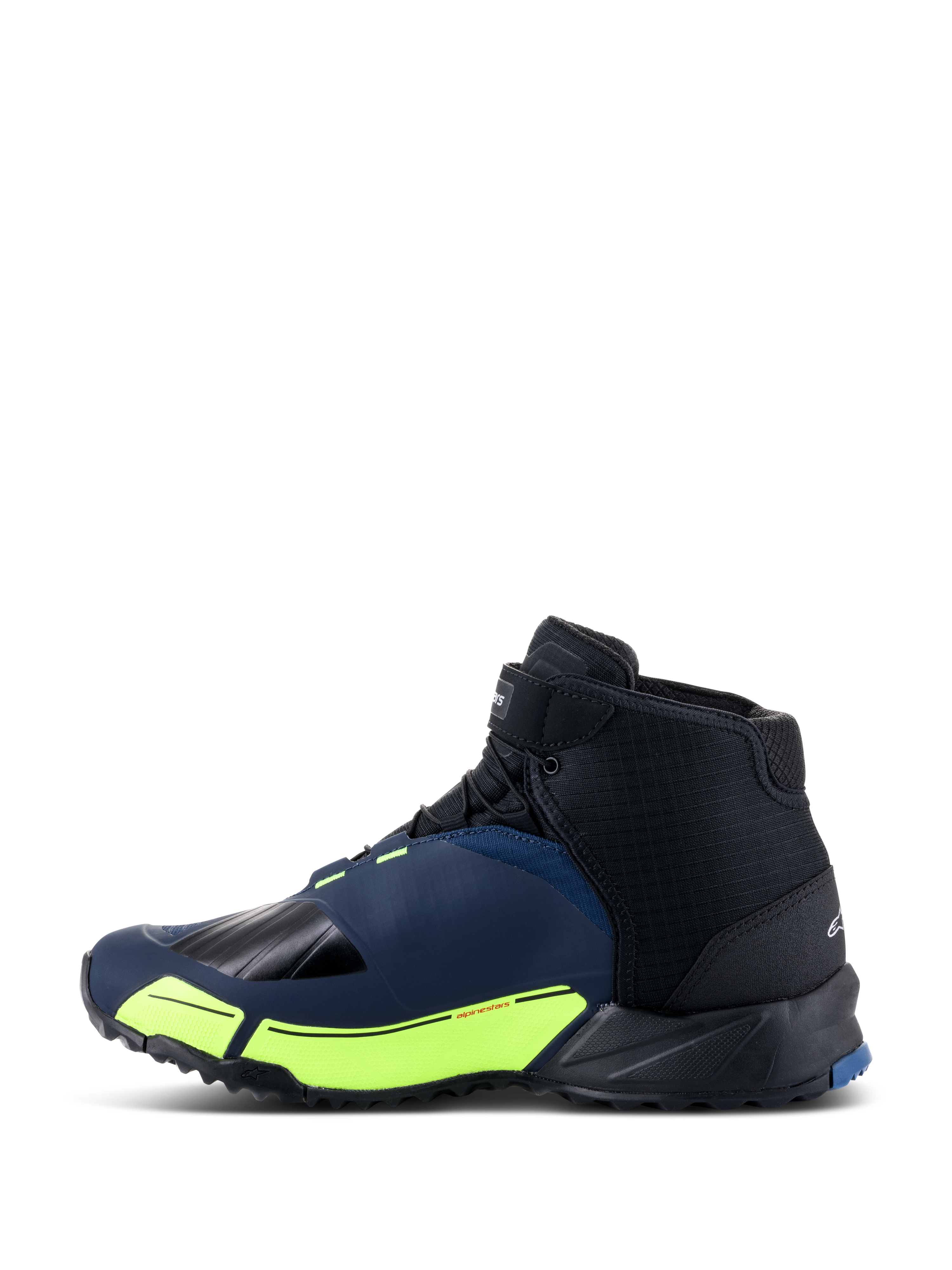 Alpinestars CR-X Drystar® motorcykelskor, körskor, svarta, mörkblå och neongula, sidoprofil med en löparskossilhuett, vattentätt Drystar®-membran, fluorescerande gula accenter på mellansulan, förstärkt tå och häl för skydd.