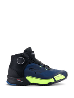 Alpinestars CR-X Drystar® motorcykelskor, körskor för motorcykel, svarta, mörkblå och neongula, atletisk design med svarta skosnören och kardborreband upptill, neongula detaljer på mellansulan med Drystar-logotyp, Alpinestars stjärnlogotyp på sidan, tekniska skor för stadskörning