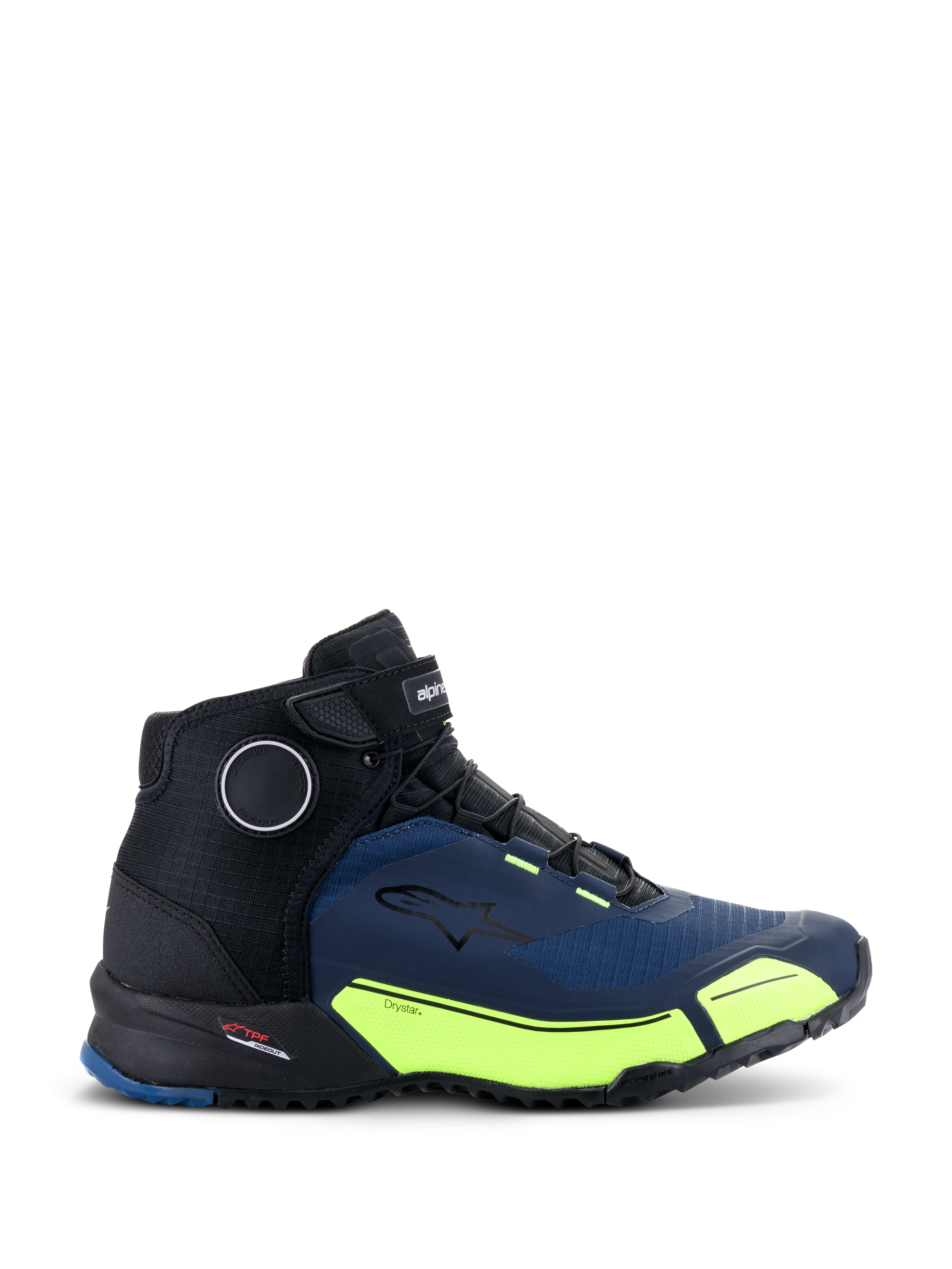 Alpinestars CR-X Drystar® motorcykelskor, körskor för motorcykel, svarta, mörkblå och neongula, atletisk design med svarta skosnören och kardborreband upptill, neongula detaljer på mellansulan med Drystar-logotyp, Alpinestars stjärnlogotyp på sidan, tekniska skor för stadskörning
