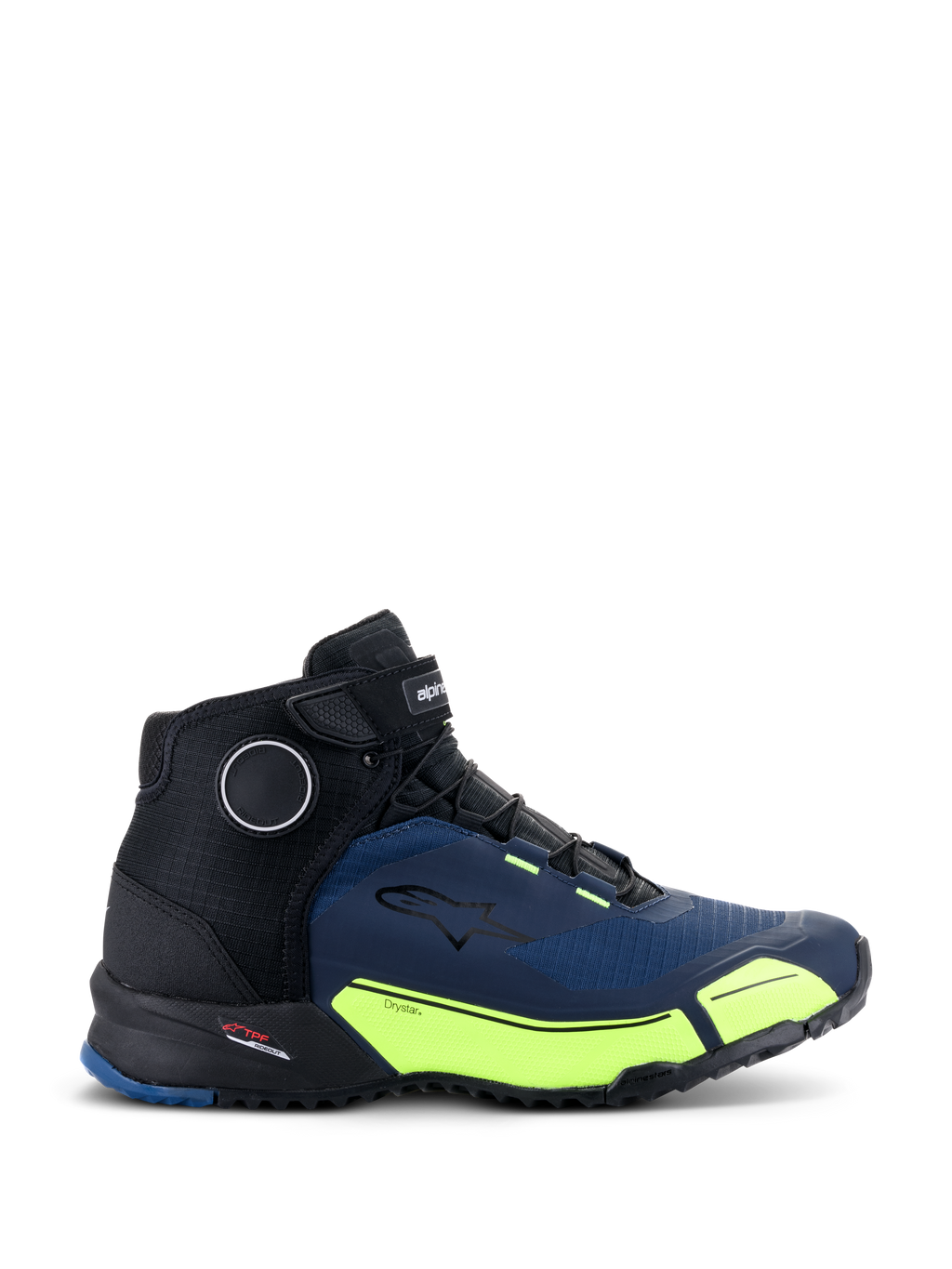 Alpinestars CR-X Drystar® motorskor, svarta, mörkblå och fluorescerande gula, atletiskt inspirerade motorcykelskor med mörkblå paneler och gula detaljer, vattentät design med löparskosilhuett för komfort hela dagen.