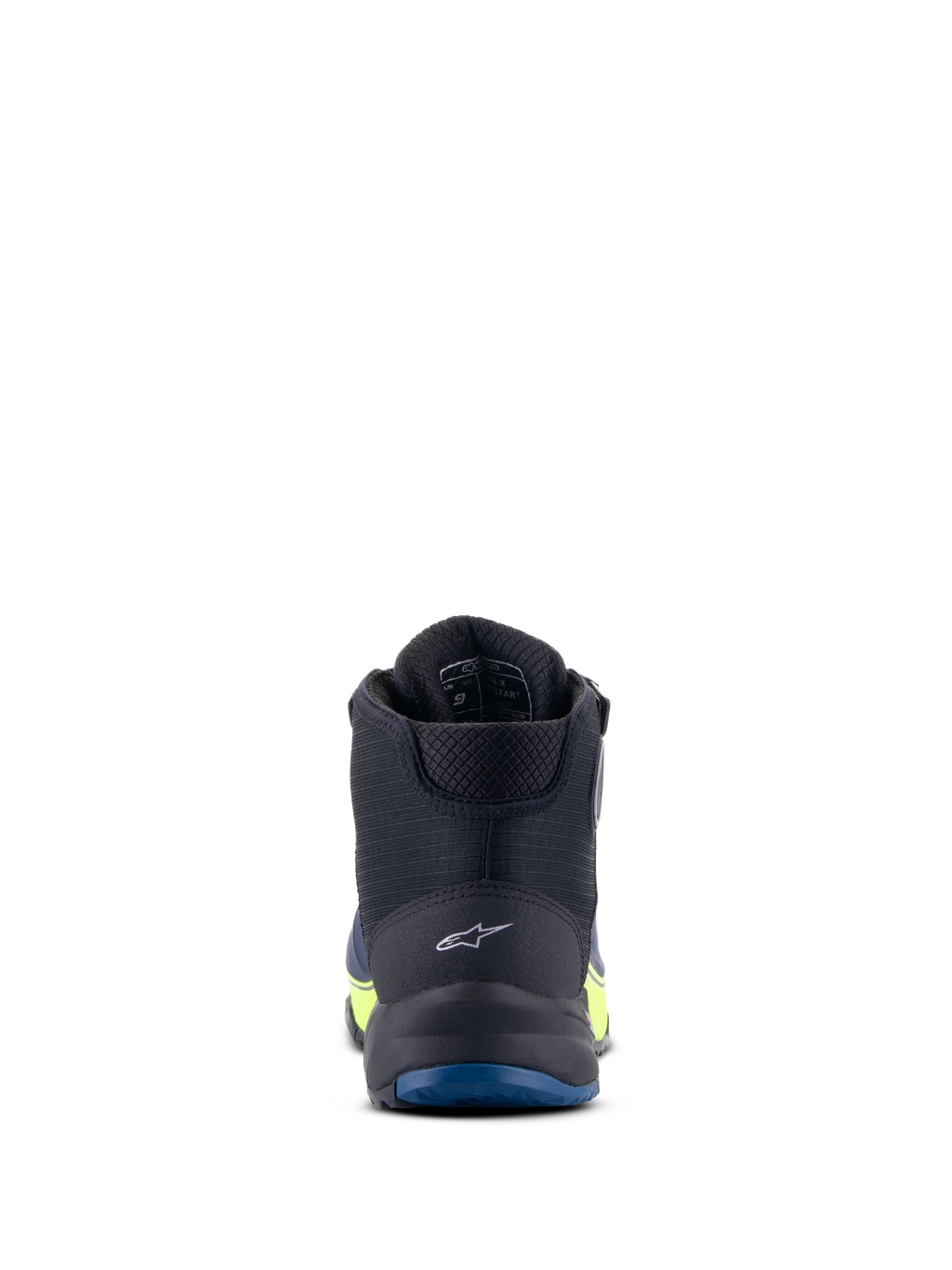 Alpinestars CR-X Drystar® mc-skor, motorcykelskor, svarta, mörkblå och neongula, vy bakifrån som framhäver logotypen på hälen och den blå yttersulan, vattentät prestanda med neongula accenter