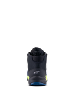 Alpinestars CR-X Drystar® mc-skor, motorcykelskor, svarta, mörkblå och neongula, vy bakifrån som framhäver logotypen på hälen och den blå yttersulan, vattentät prestanda med neongula accenter