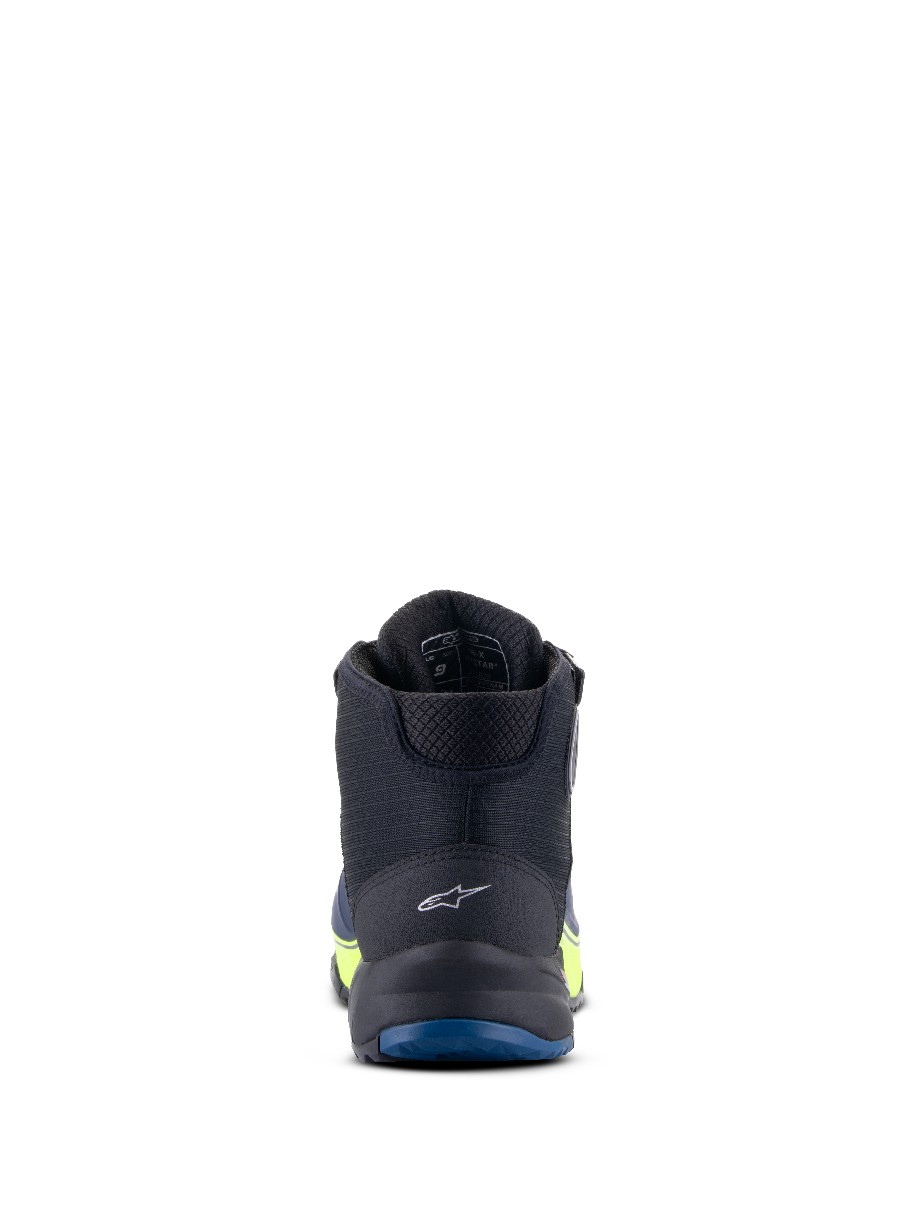 Alpinestars CR-X Drystar® mc-skor, motorcykelskor, svarta, mörkblå och neongula, vy bakifrån som framhäver logotypen på hälen och den blå yttersulan, vattentät prestanda med neongula accenter