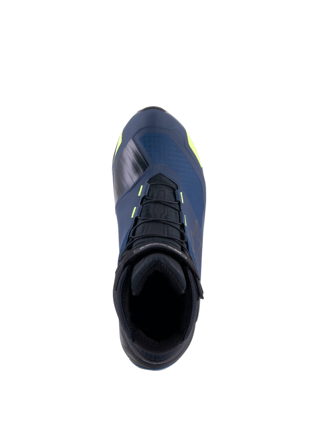 Alpinestars CR-X Drystar® mc-skor, vy uppifrån, svarta, mörkblå och neongula, vattentäta motorcykelskor med en löparskosiluett, svarta skosnören och klargula detaljer på en mörkblå ovandel