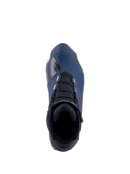 Alpinestars CR-X Drystar® mc-skor, vy uppifrån, svarta, mörkblå och neongula, vattentäta motorcykelskor med en löparskosiluett, svarta skosnören och klargula detaljer på en mörkblå ovandel