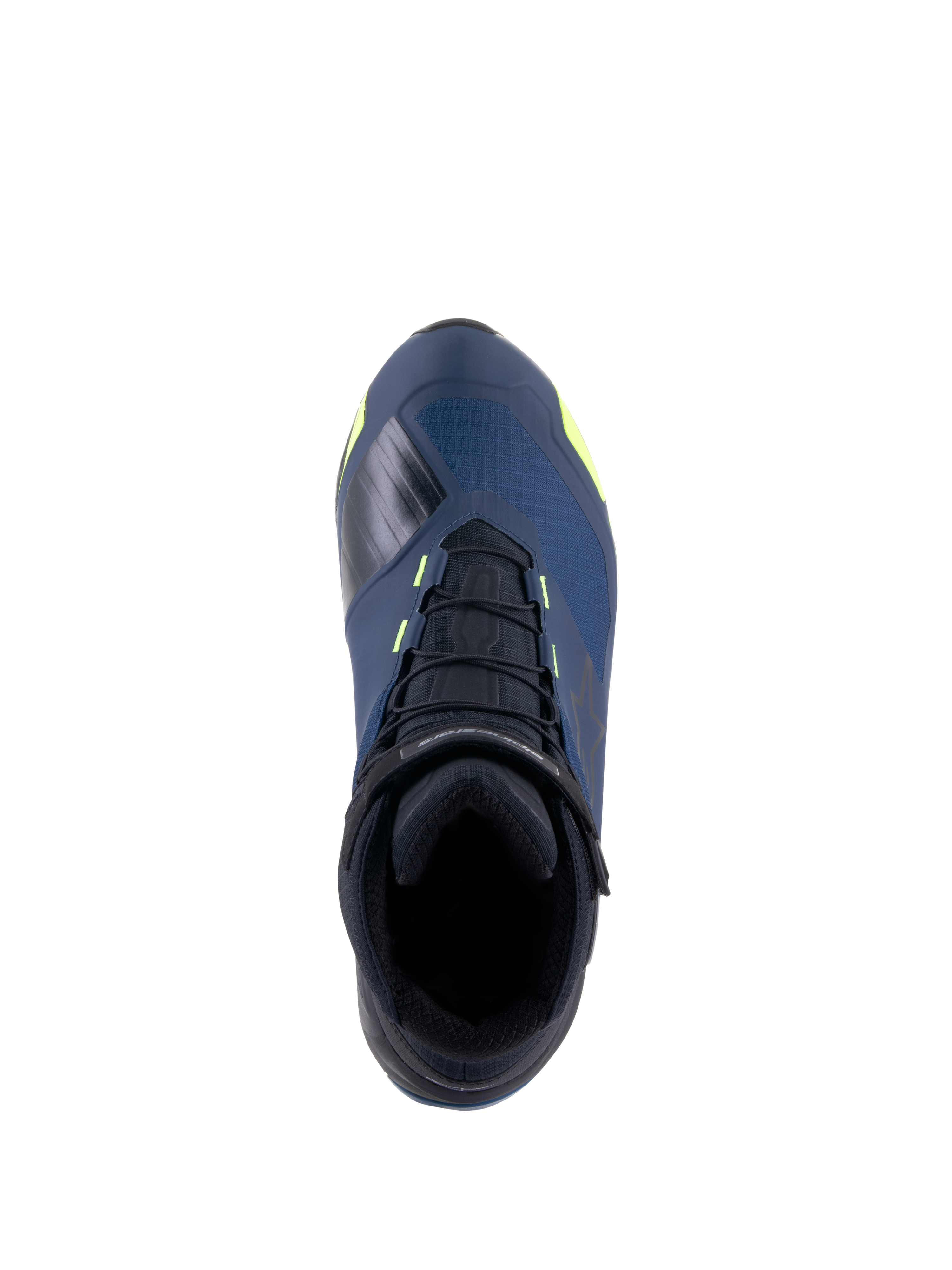 Alpinestars CR-X Drystar® mc-skor, vy uppifrån, svarta, mörkblå och neongula, vattentäta motorcykelskor med en löparskosiluett, svarta skosnören och klargula detaljer på en mörkblå ovandel