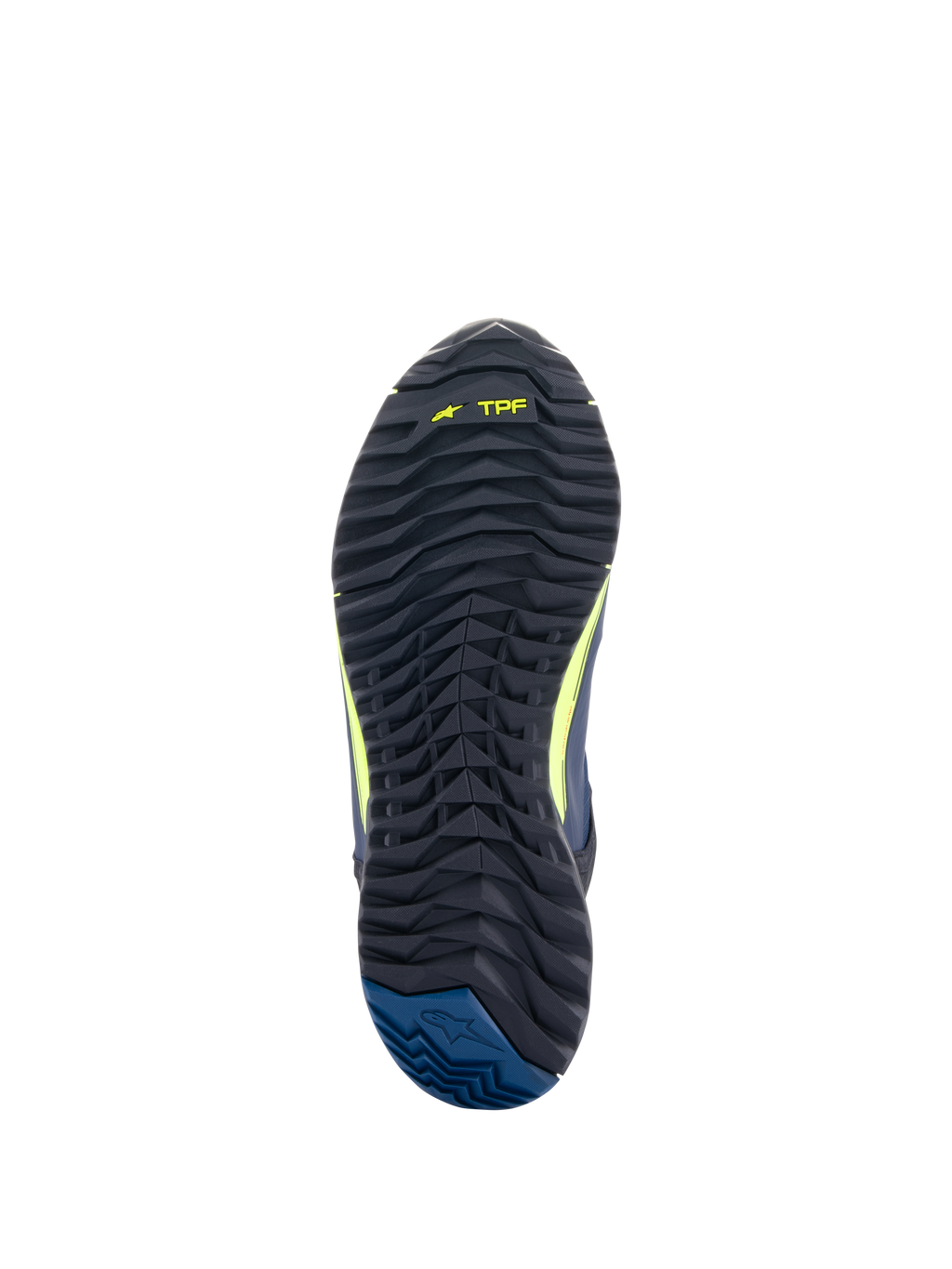 Alpinestars CR-X Drystar® motorcykelskor, vy av yttersula, svart med gul neon TPF-märkning och mörkblå häl, grovt mönstrad sula för bra grepp och gångkomfort hela dagen