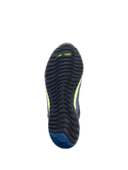 Alpinestars CR-X Drystar® motorcykelskor, vy av yttersula, svart med gul neon TPF-märkning och mörkblå häl, grovt mönstrad sula för bra grepp och gångkomfort hela dagen