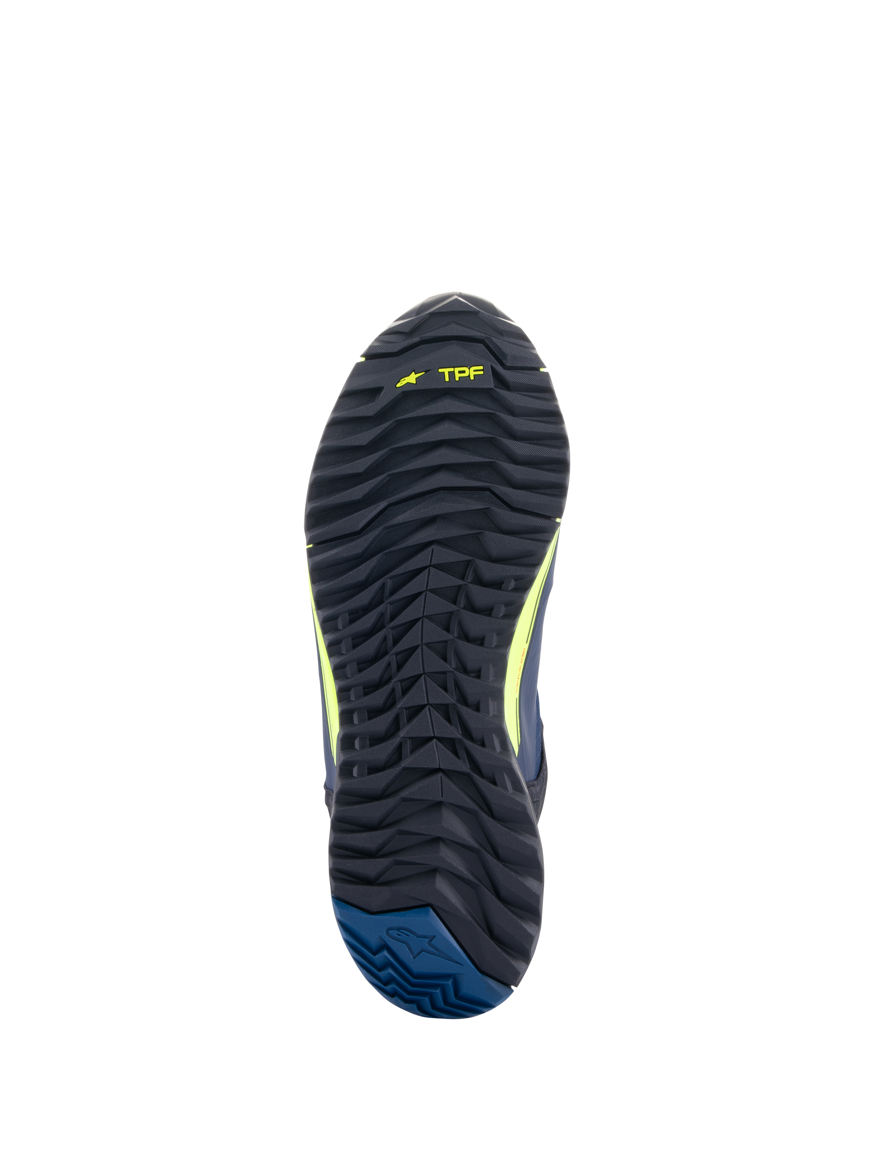 Alpinestars CR-X Drystar® motorcykelskor, vy av yttersula, svart med gul neon TPF-märkning och mörkblå häl, grovt mönstrad sula för bra grepp och gångkomfort hela dagen
