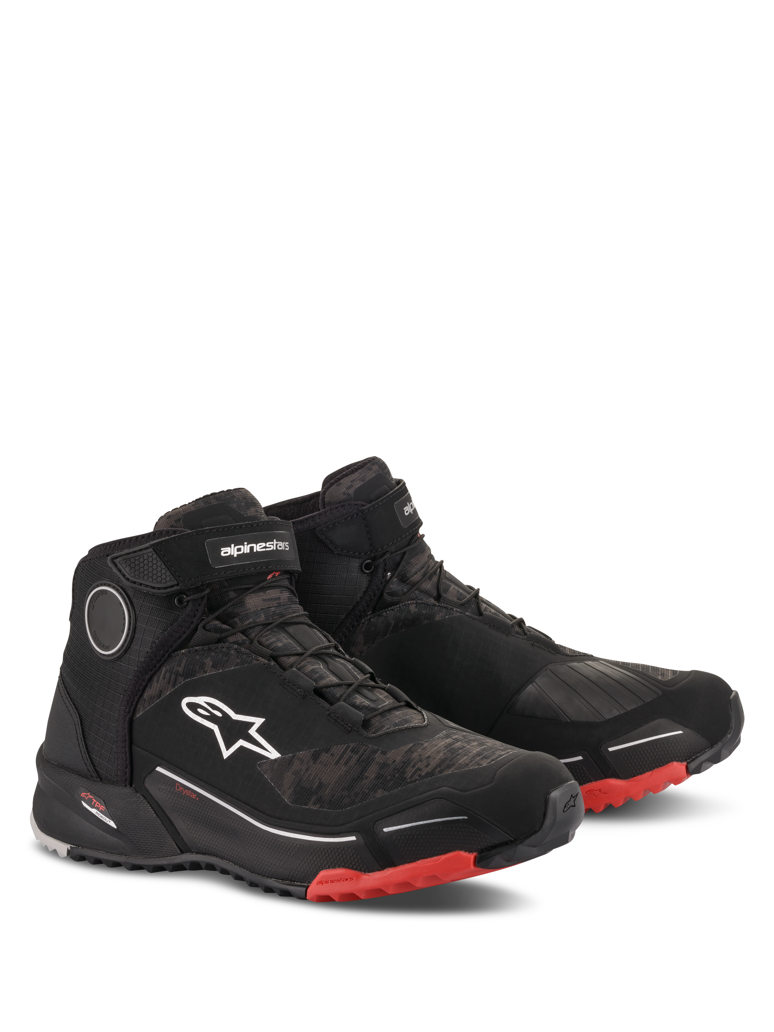 Alpinestars CR-X Drystar motorcykelskor, körskor, Black Camo Red, atletisk high-top-design med vattentätt membran, vit Astars-logotyp på sidan, röda detaljer på yttersulan och tån, urban och adventure touring-stil