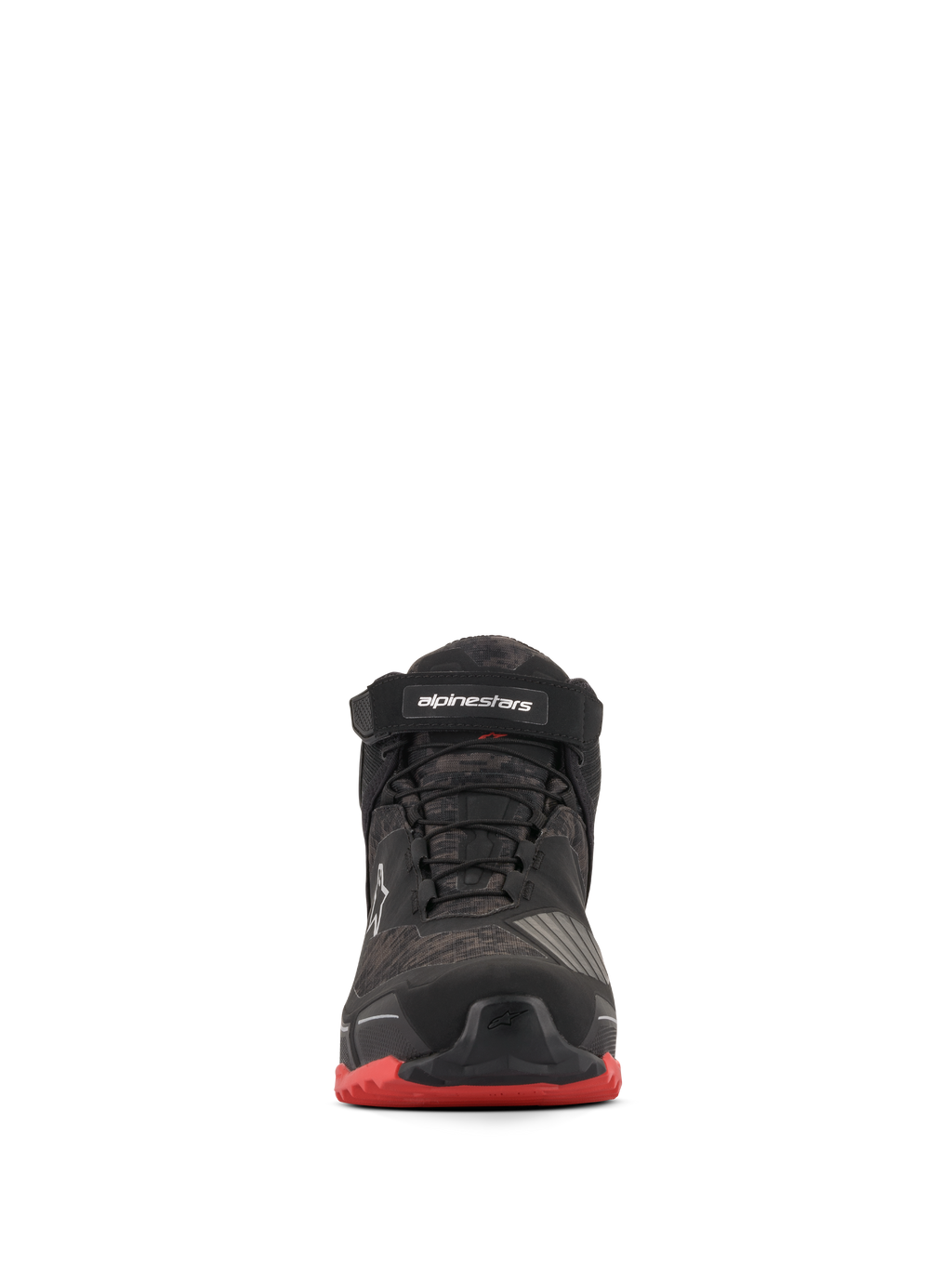Alpinestars CR-X Drystar® mc-skor, motorcykelskor, Black Camo Red, vy framifrån med kamouflagemönster, svart vristrem med vit logotyp, svarta skosnören och röda detaljer på yttersulan.