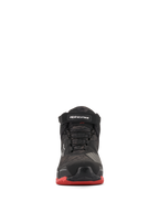Alpinestars CR-X Drystar® mc-skor, motorcykelskor, Black Camo Red, vy framifrån med kamouflagemönster, svart vristrem med vit logotyp, svarta skosnören och röda detaljer på yttersulan.
