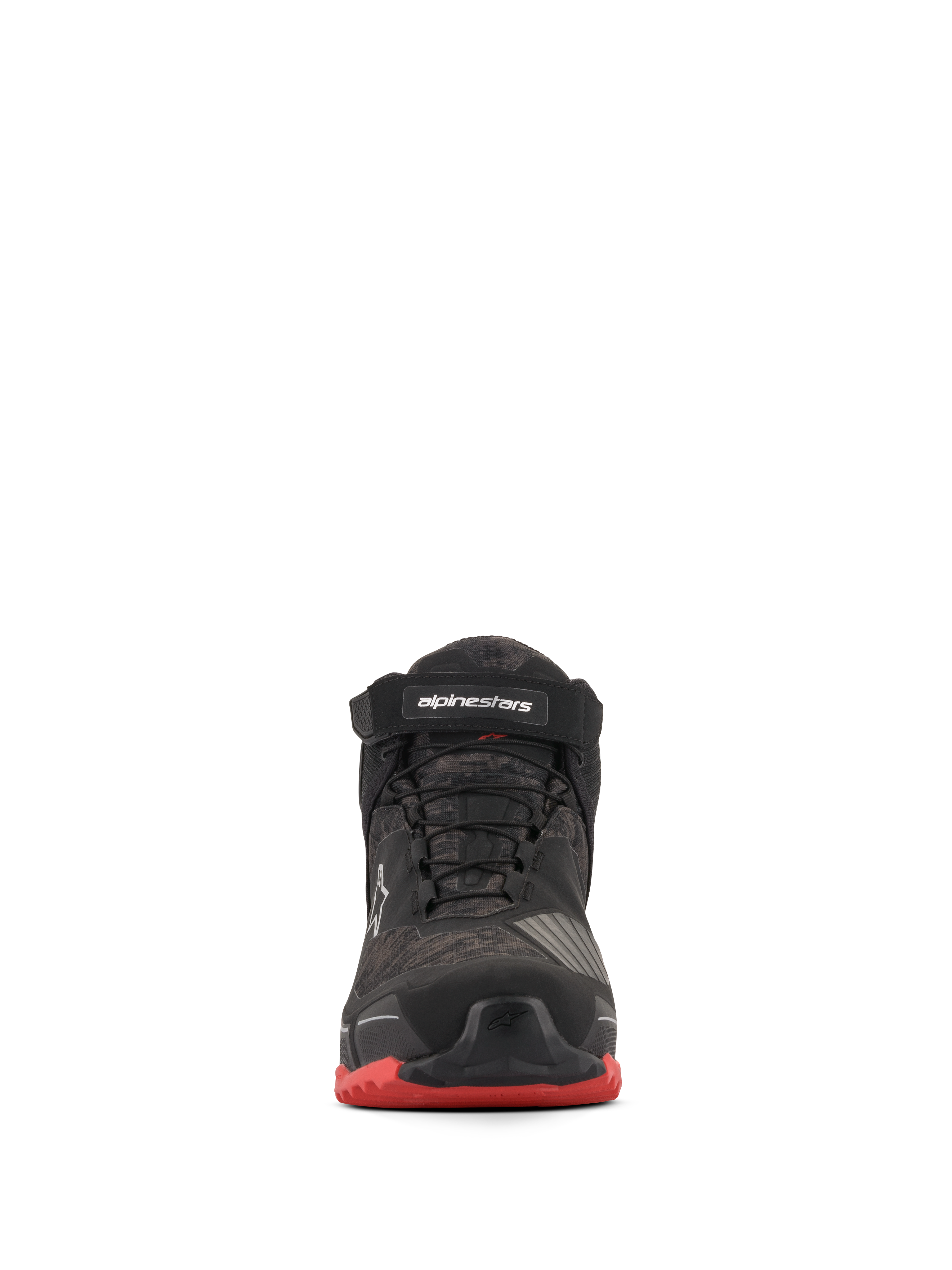 Alpinestars CR-X Drystar® mc-skor, motorcykelskor, Black Camo Red, vy framifrån med kamouflagemönster, svart vristrem med vit logotyp, svarta skosnören och röda detaljer på yttersulan.