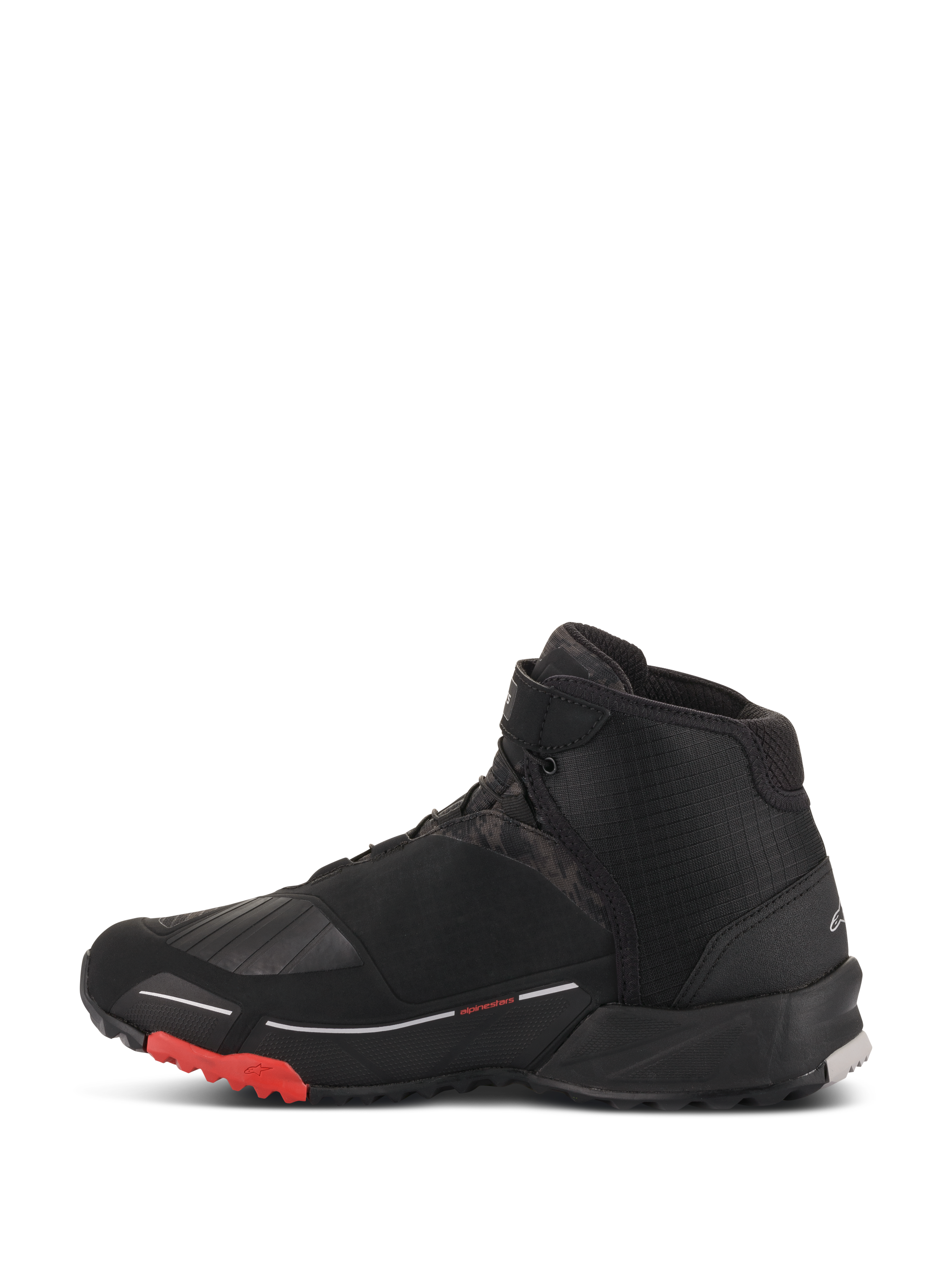 Alpinestars CR-X Drystar® MC-skor, Black Camo Red, vattentäta motorcykelskor, profilvy, svart textilöverdel med mörka kamouflagemönstrade paneler, röda detaljer på yttersulan, atletisk design inspirerad av löparskor