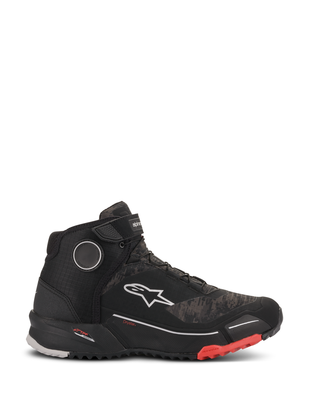 Alpinestars CR-X Drystar motorcykelskor, vattentäta mc-skor i Black Camo Red, profilvy från sidan med texturerad kamouflagemönstrad ovandel, vit Alpinestars-logotyp, ankelrem och svart räfflad sula med röda detaljer vid tån.