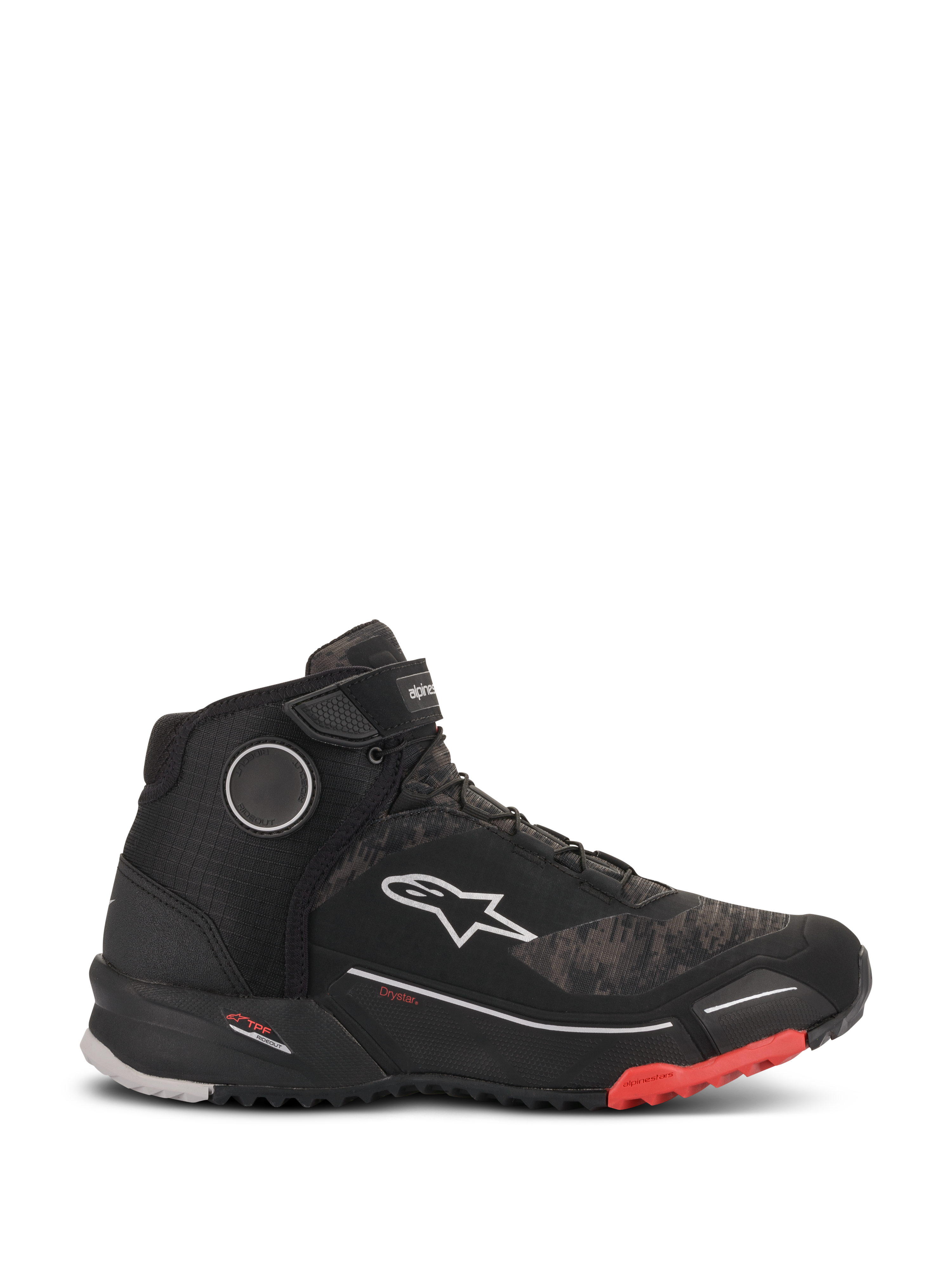Alpinestars CR-X Drystar motorcykelskor, vattentäta mc-skor i Black Camo Red, profilvy från sidan med texturerad kamouflagemönstrad ovandel, vit Alpinestars-logotyp, ankelrem och svart räfflad sula med röda detaljer vid tån.