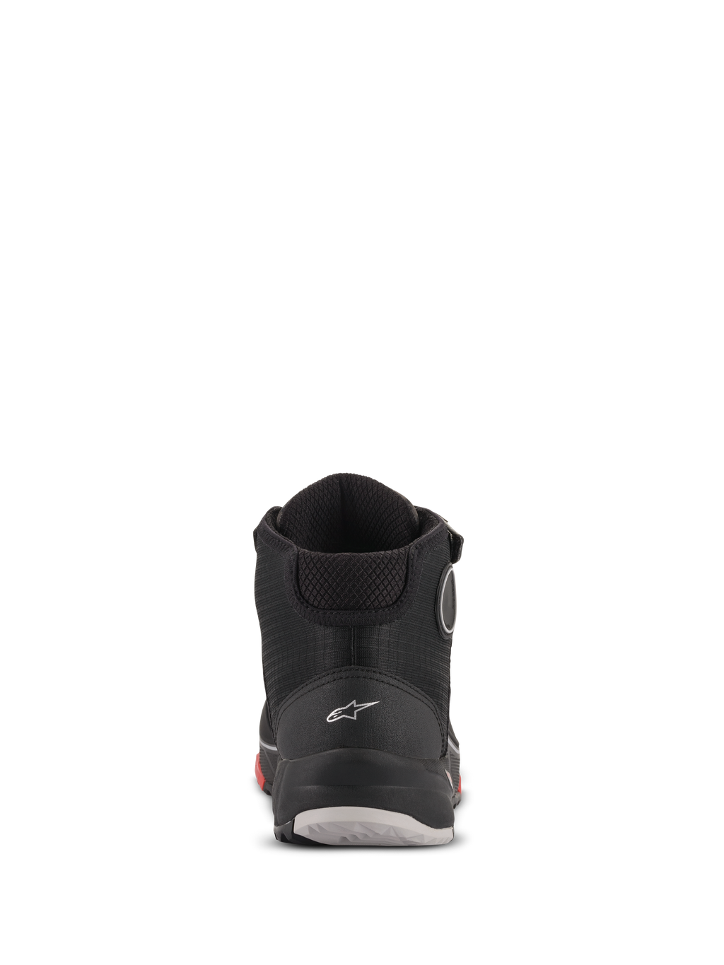 Alpinestars CR-X Drystar® körskor, sedda bakifrån, Black Camo Red, med en vit Astars-logotyp på hälen, vadderad vristkrage och en slitstark sula med röda och grå detaljer.