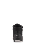 Alpinestars CR-X Drystar® körskor, sedda bakifrån, Black Camo Red, med en vit Astars-logotyp på hälen, vadderad vristkrage och en slitstark sula med röda och grå detaljer.
