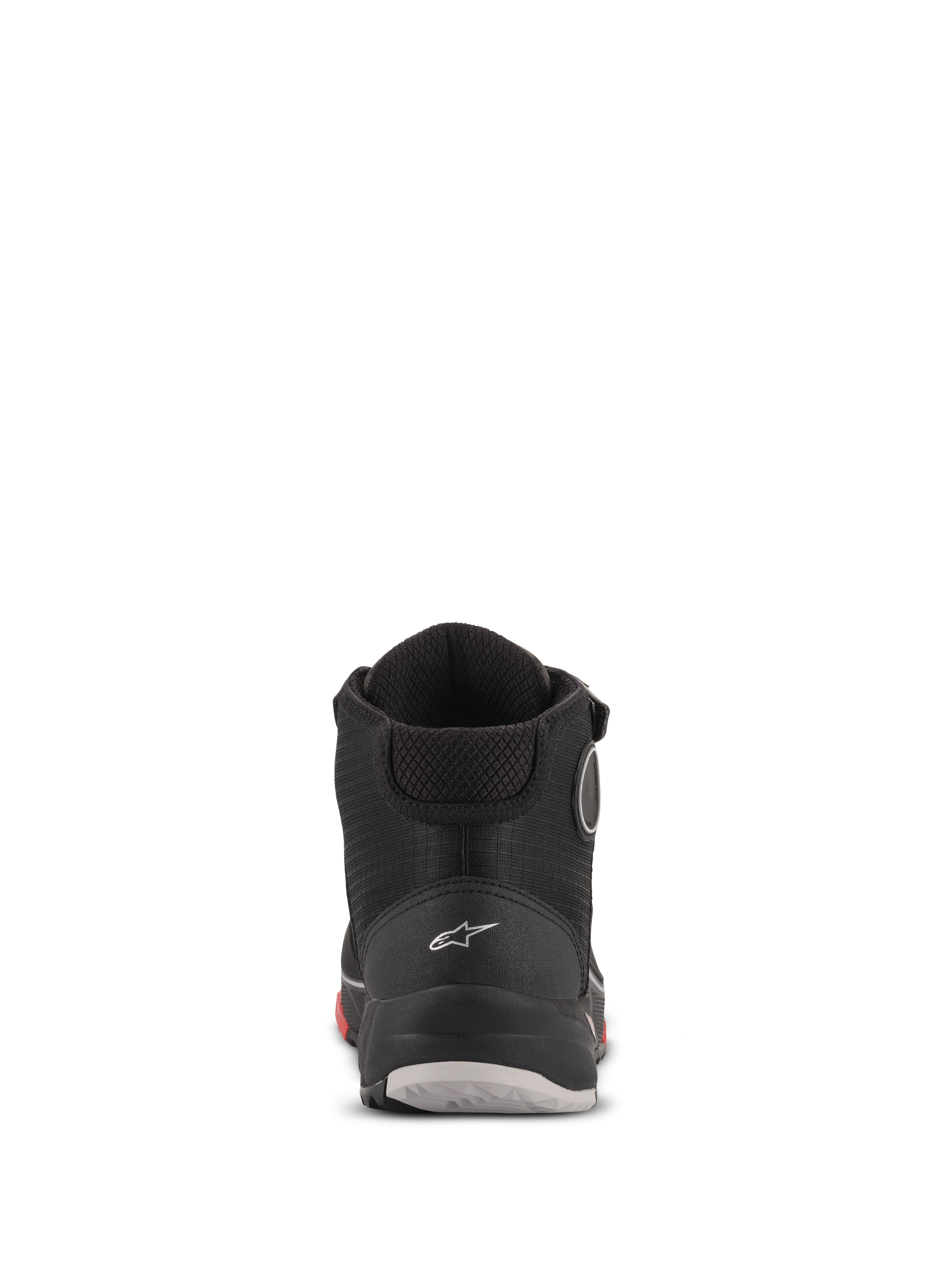 Alpinestars CR-X Drystar® körskor, sedda bakifrån, Black Camo Red, med en vit Astars-logotyp på hälen, vadderad vristkrage och en slitstark sula med röda och grå detaljer.